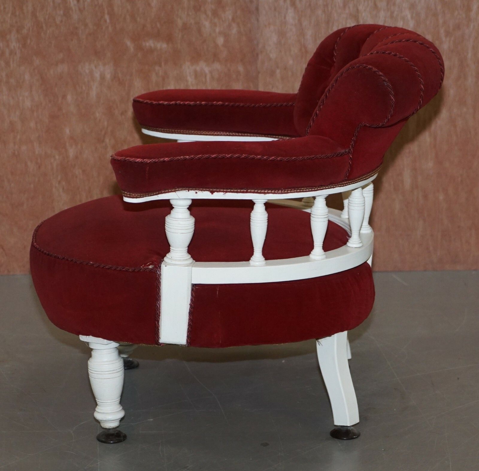 Furniture Victorian Red Velvet Upholstered Oak Framed Small Captains Occasional Armchair photo