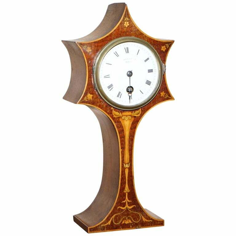 Stunning Maple & Co Paris Art Nouveau Mahogany Marquetry Inlaid Mantle Clock