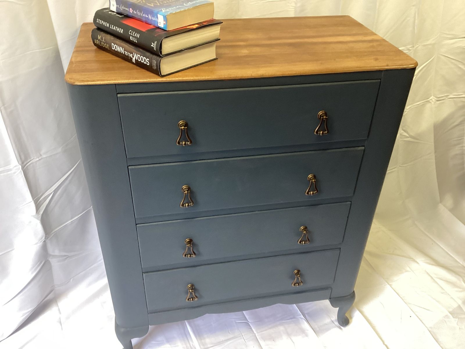 Vintage Lebus 4 Drawer Chest By Lebus Furniture With A Natural Wood Top And Brass Drop Handles