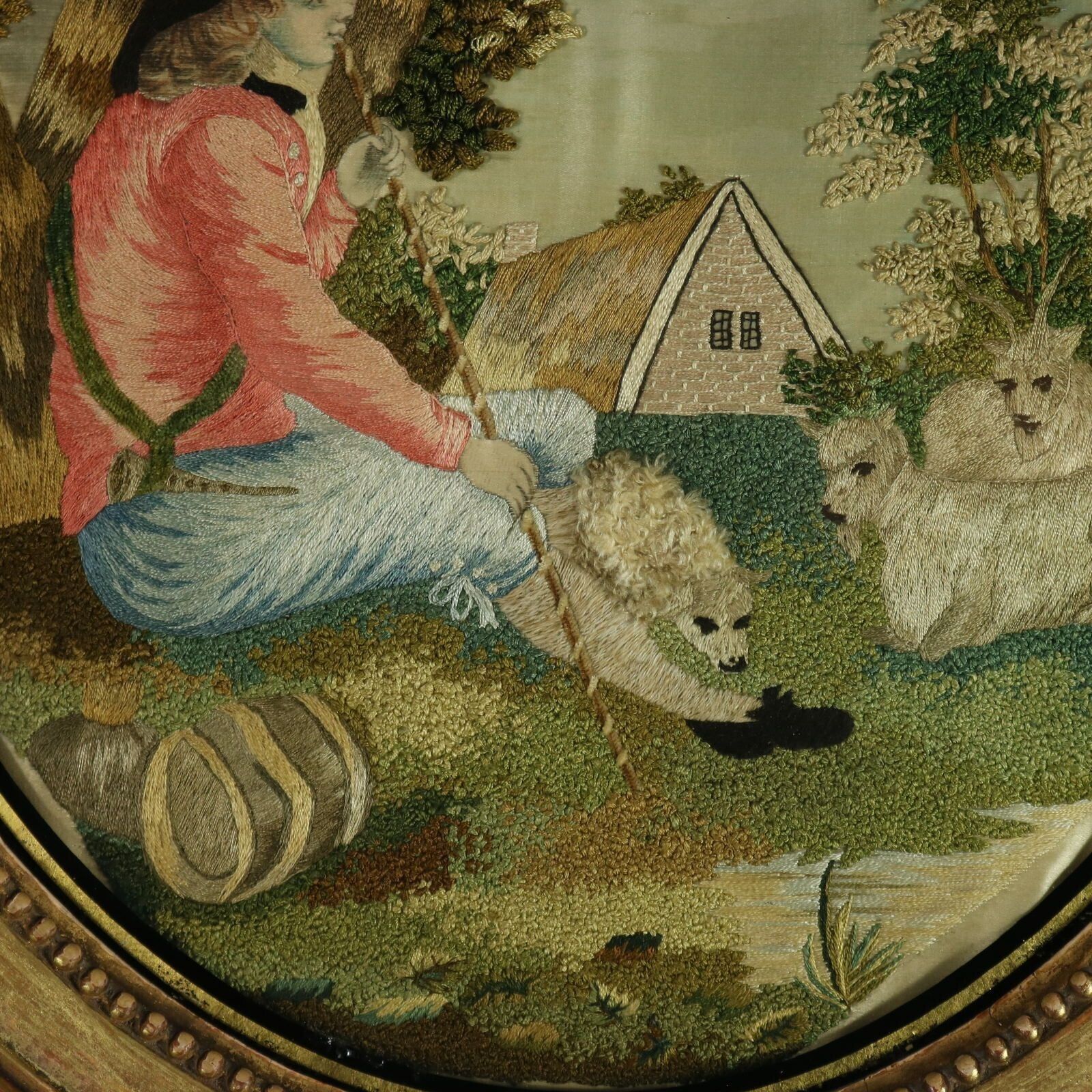Pair Silkwork Embroidered Pictures Of Shepherd & Shepherdess photo Textiles