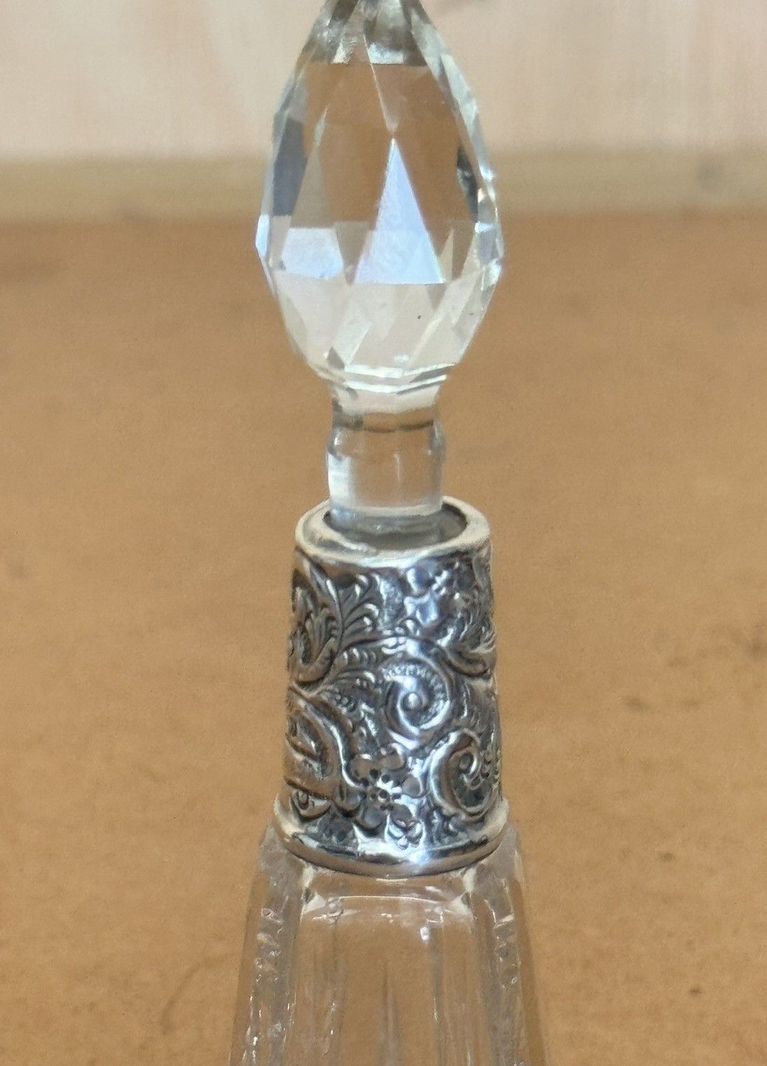 14.5cm Tall 1913 Antique Perfume Bottle Flask Cut Glass Crystal Sterling Silver photo for sale
