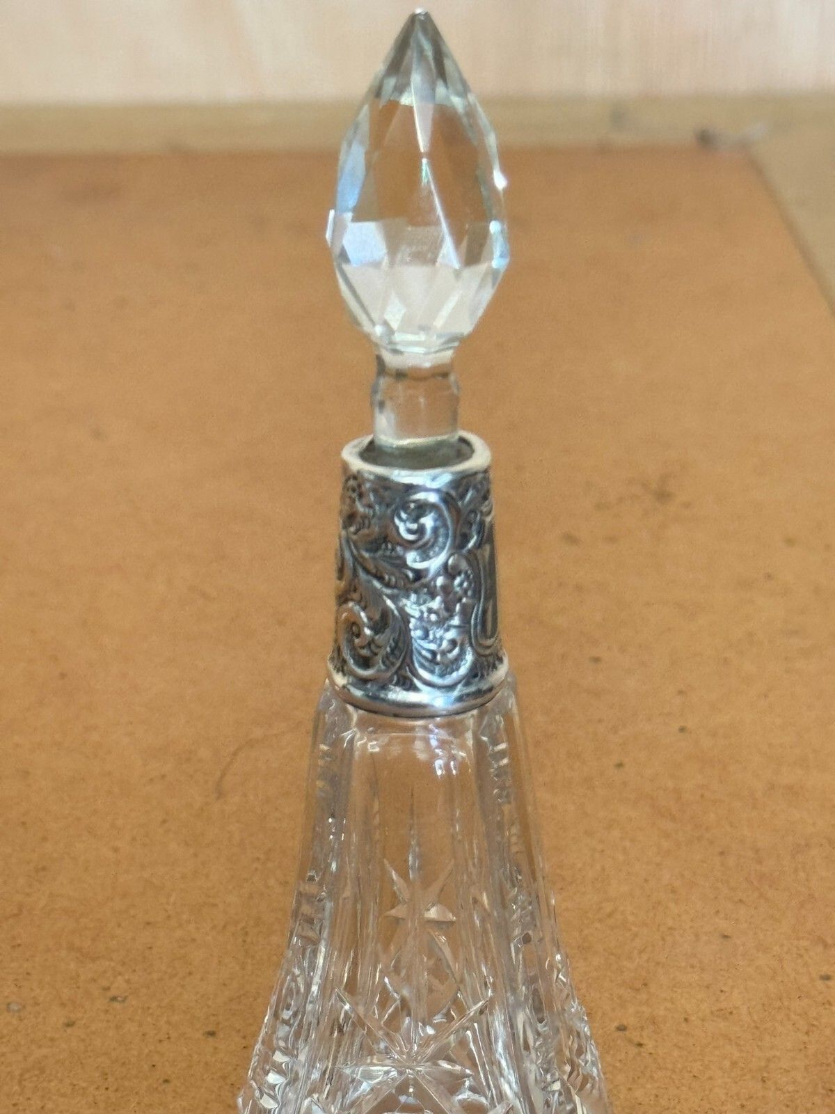 14.5cm Tall 1913 Antique Perfume Bottle Flask Cut Glass Crystal Sterling Silver photo Home Decor