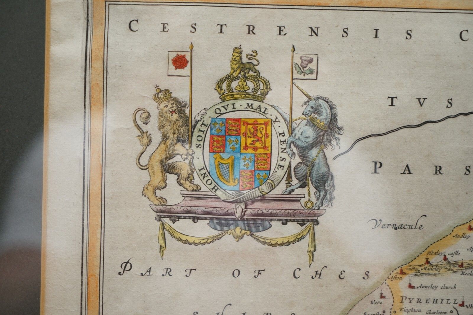 Double Sided And Glazed Cheshire 1645 Hand Coloured Antique Print Map Rare Find photo for sale