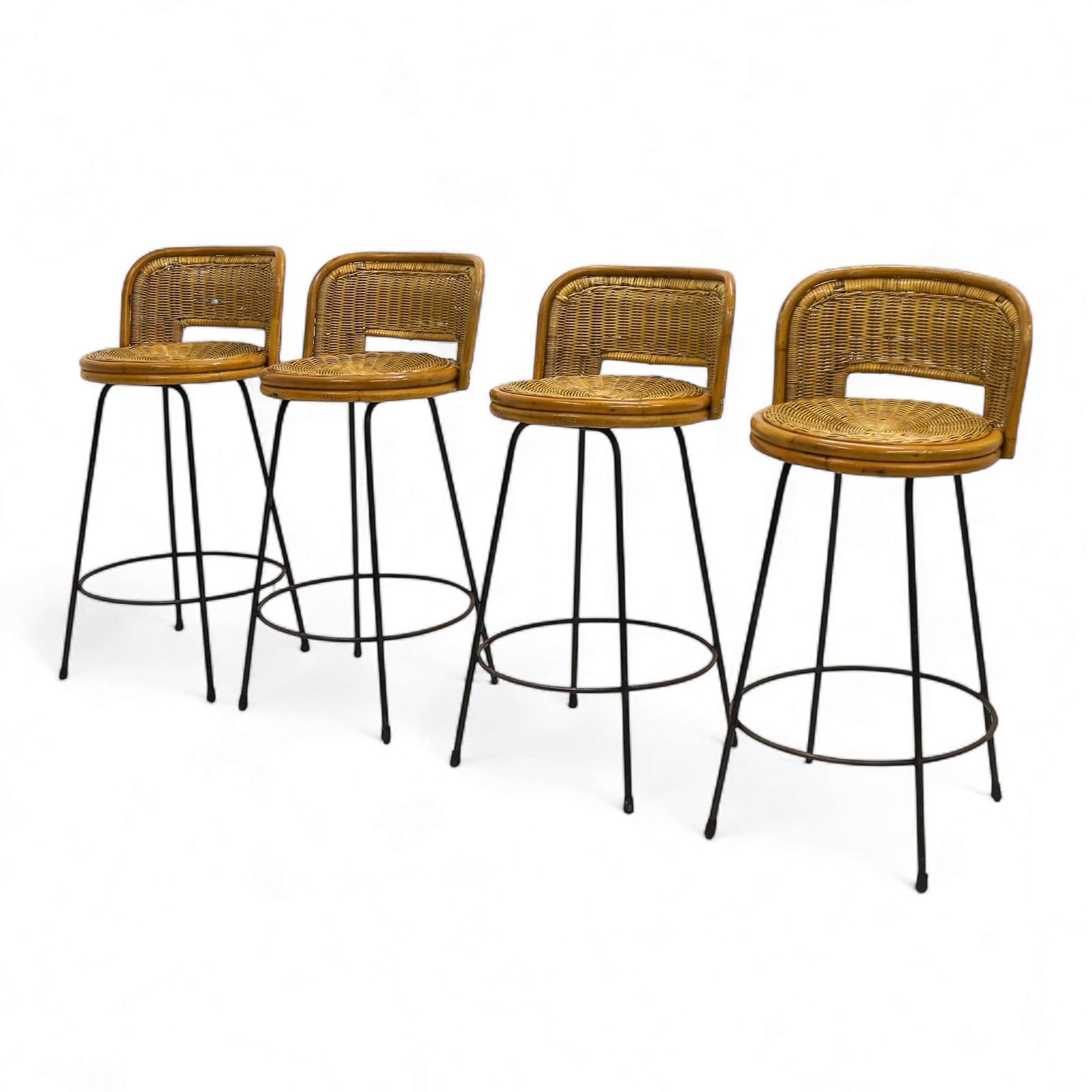 Set Of Four Mid‑Century Rattan Bar Stools   In The Manner Of Seng Of Chicago, C.1960s