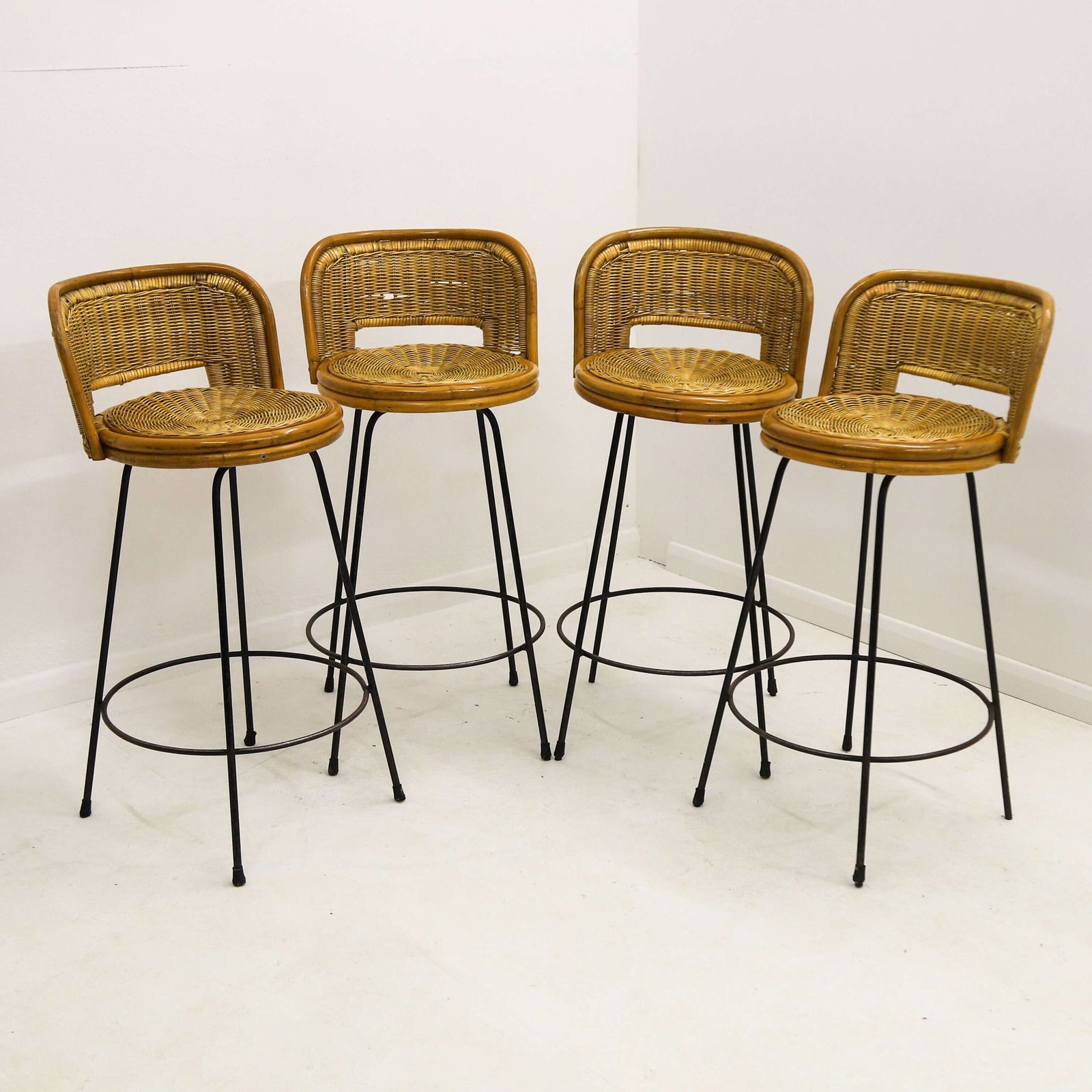Set Of Four Mid‑Century Rattan Bar Stools   In The Manner Of Seng Of Chicago, C.1960s photo vintage