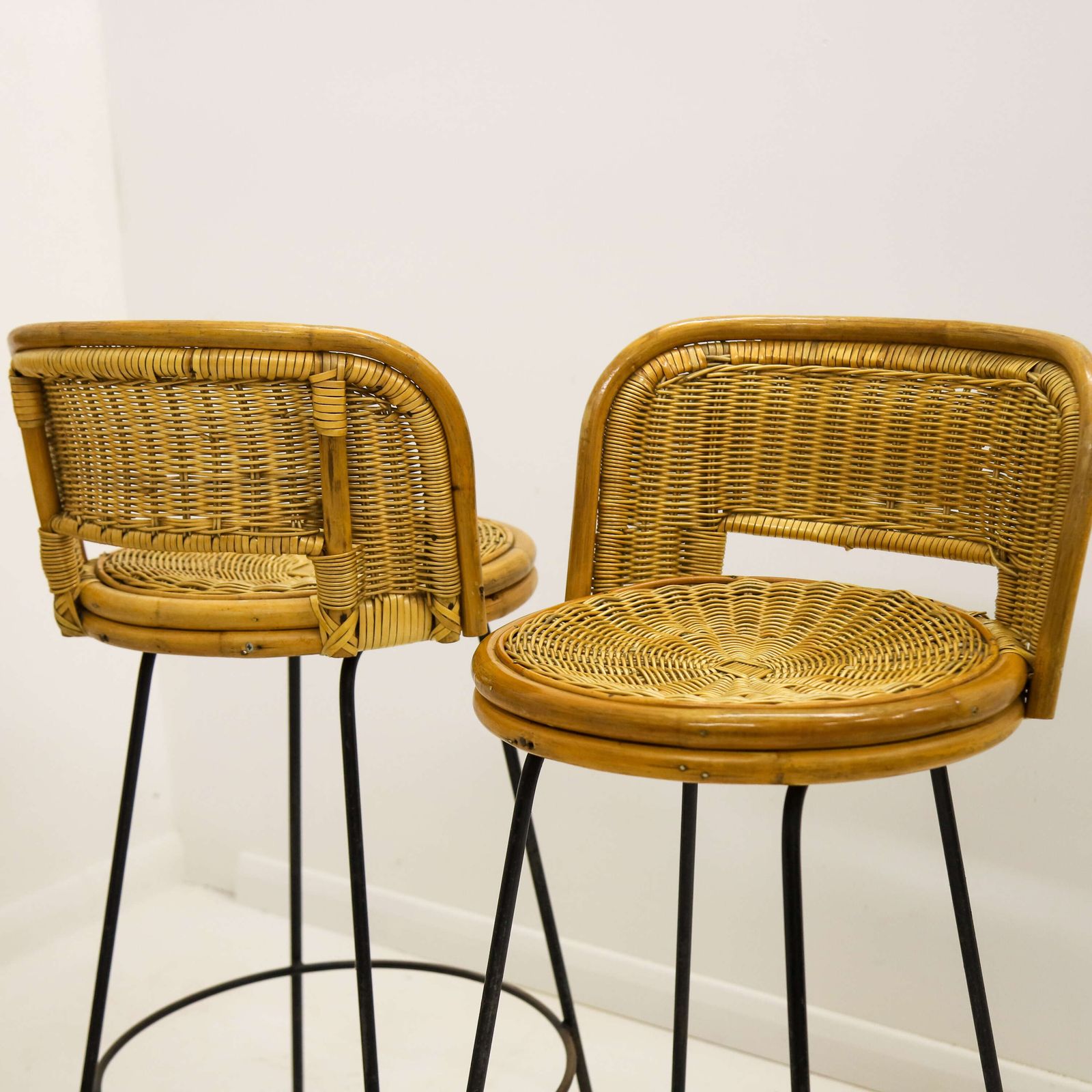 Furniture Set Of Four Mid‑Century Rattan Bar Stools   In The Manner Of Seng Of Chicago, C.1960s photo