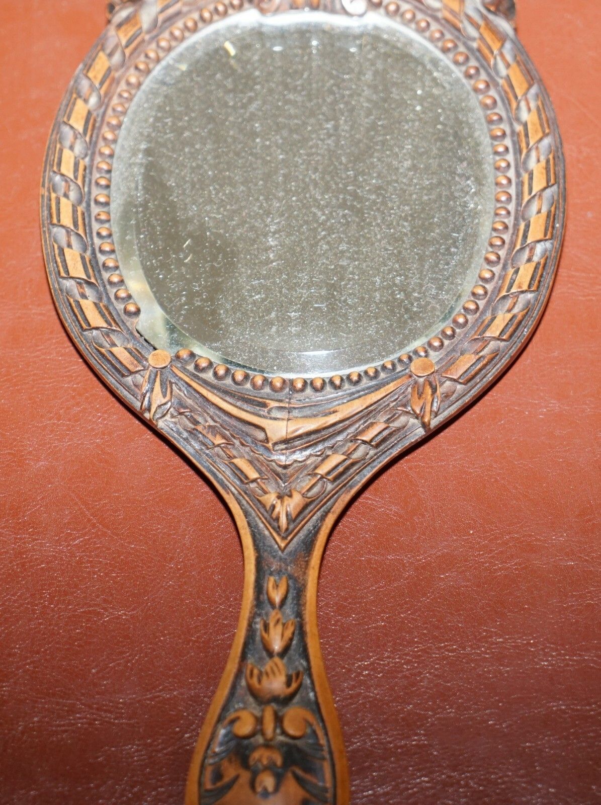 Stunning Antique Black Forest Hand Carved Wood Dressing Table Mirror Hand Held photo vinterior