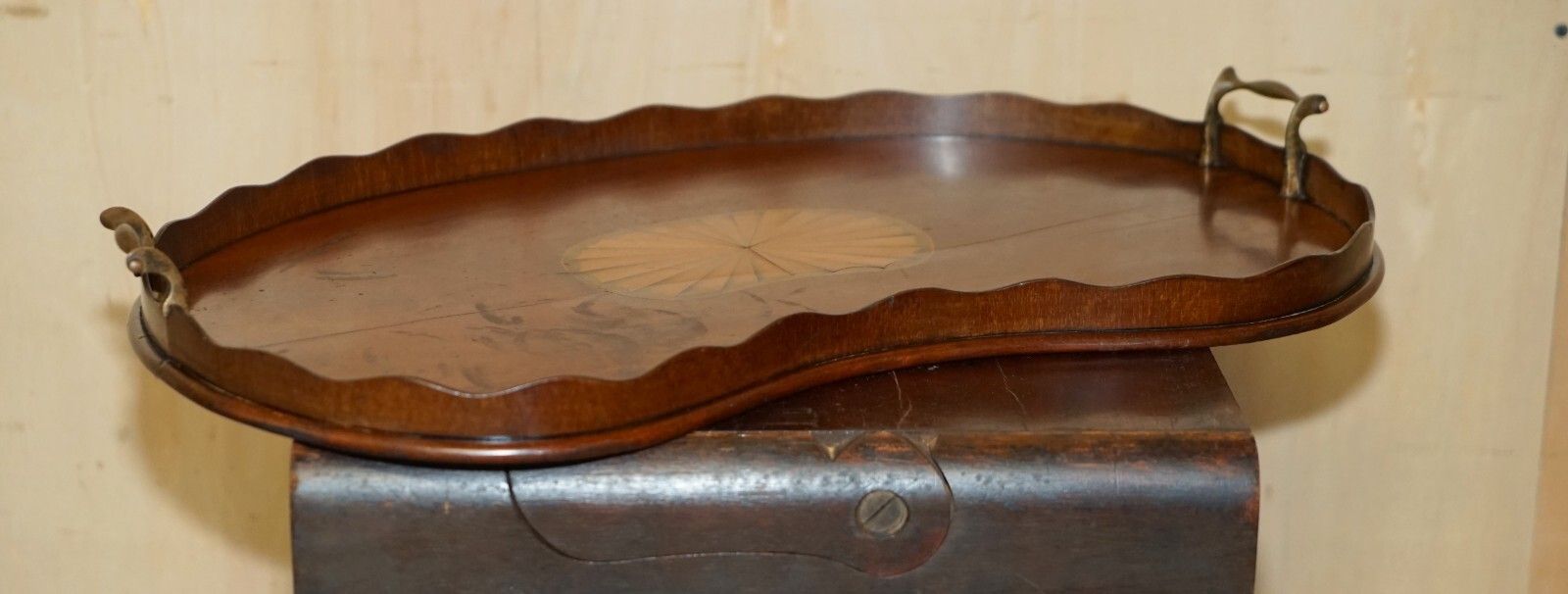 Antique Circa 1880 Sheraton Revival Satinwood Walnut Serving Tray Bronze Handles photo furniture