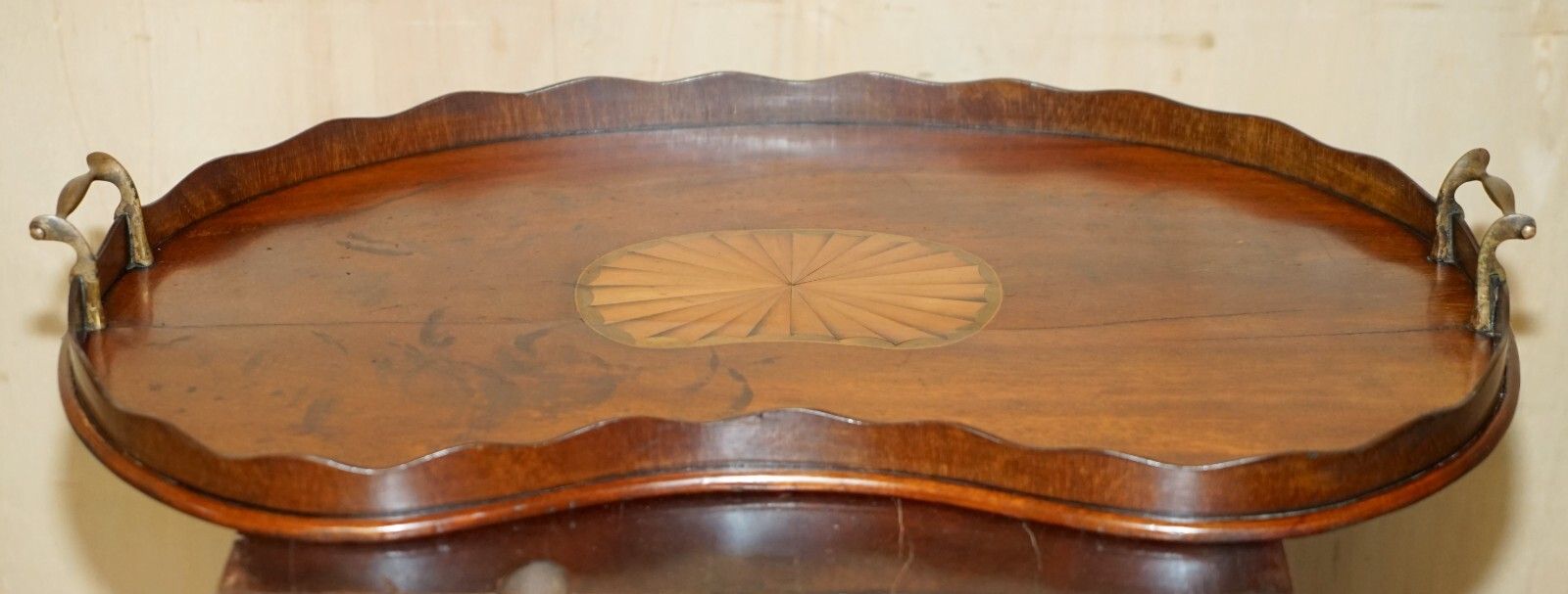 Antique Circa 1880 Sheraton Revival Satinwood Walnut Serving Tray Bronze Handles photo for sale