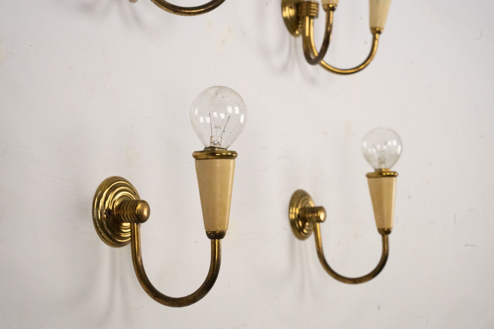 Lighting Set Of Four Mid Century Sconces In Lacquer And Brass. Italy 1950s photo