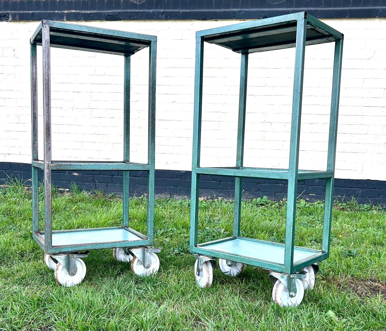 Pair Of Industrial Factory Blue Shelving Unit Trolley Cabinet Storage Metal Vintage Antique Bathroom Rack Retro Drinks Side Bedside Table photo furniture