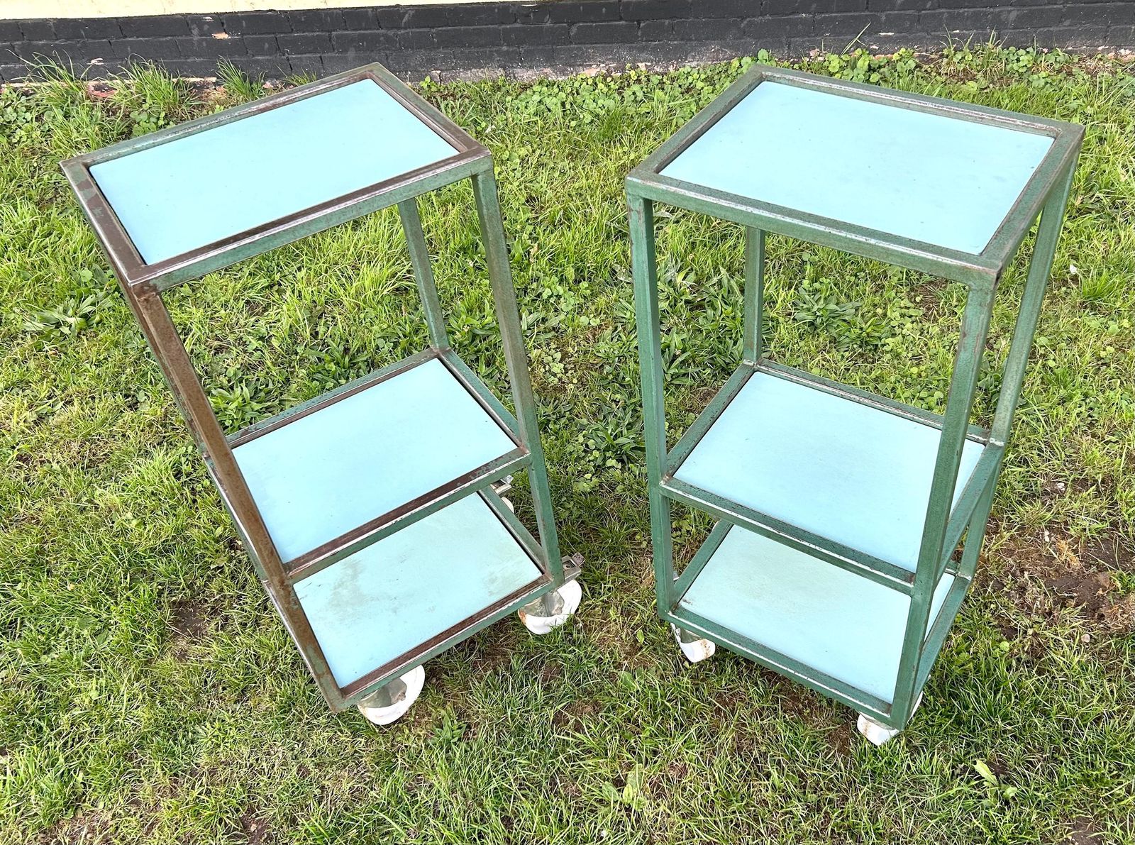 Pair Of Industrial Factory Blue Shelving Unit Trolley Cabinet Storage Metal Vintage Antique Bathroom Rack Retro Drinks Side Bedside Table photo for sale