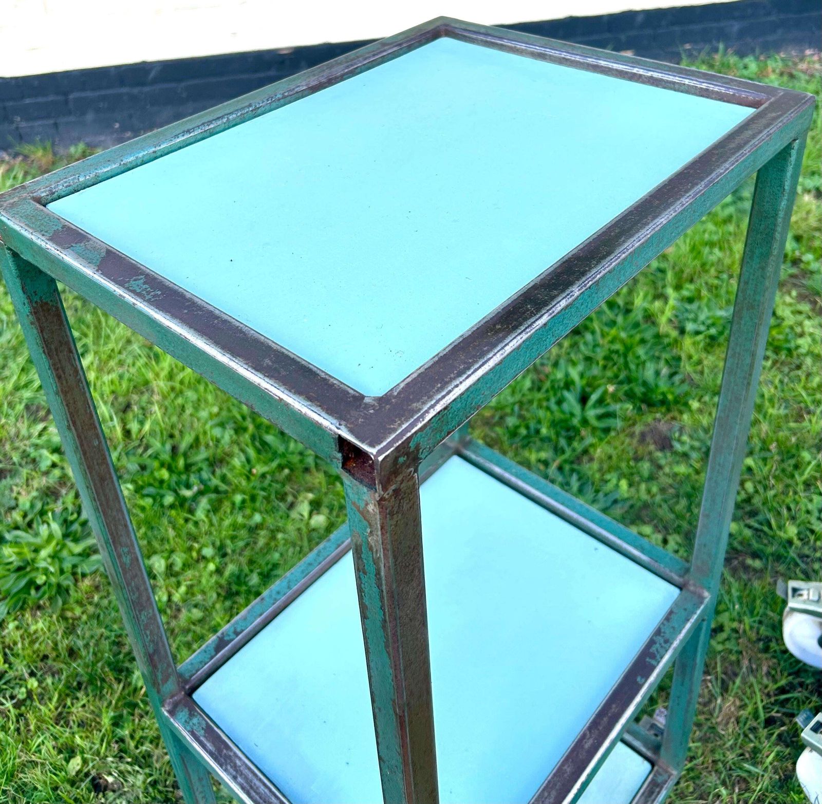 Pair Of Industrial Factory Blue Shelving Unit Trolley Cabinet Storage Metal Vintage Antique Bathroom Rack Retro Drinks Side Bedside Table photo Furniture