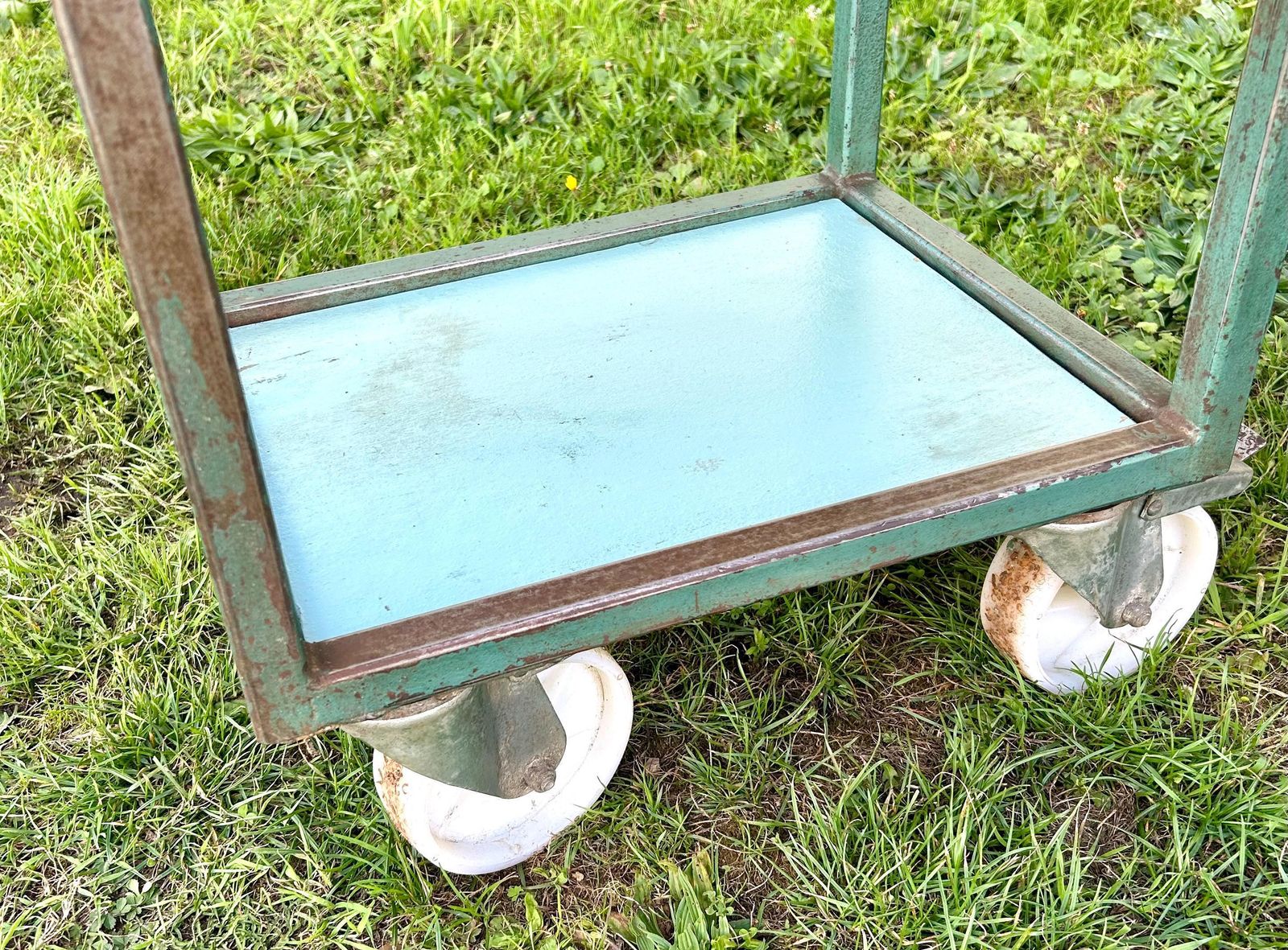 Pair Of Industrial Factory Blue Shelving Unit Trolley Cabinet Storage Metal Vintage Antique Bathroom Rack Retro Drinks Side Bedside Table photo vinterior