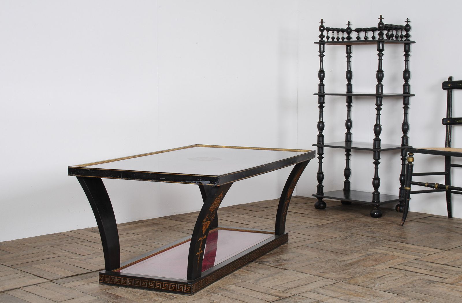 Furniture Vintage Italian Glass Top Coffee Table Ebonised Gilt With Crushed Velvet Versace Cloth photo
