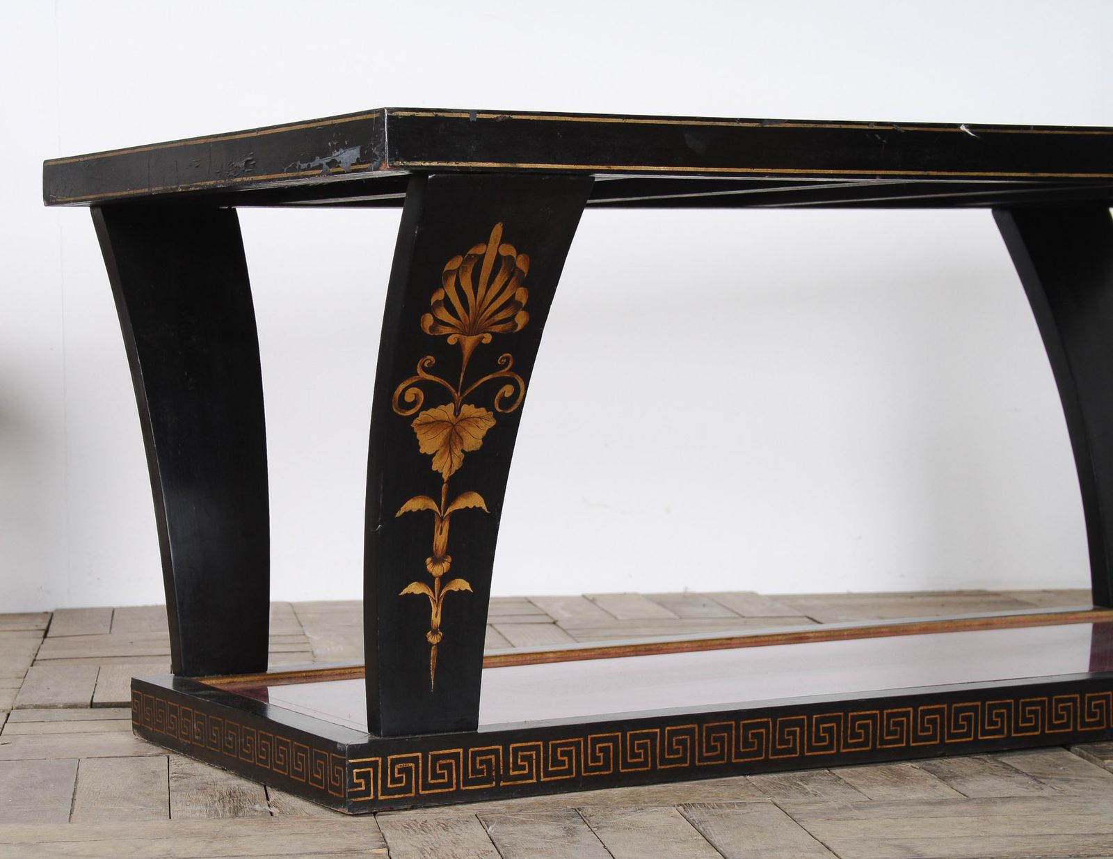 photo vinterior Vintage Italian Glass Top Coffee Table Ebonised Gilt With Crushed Velvet Versace Cloth