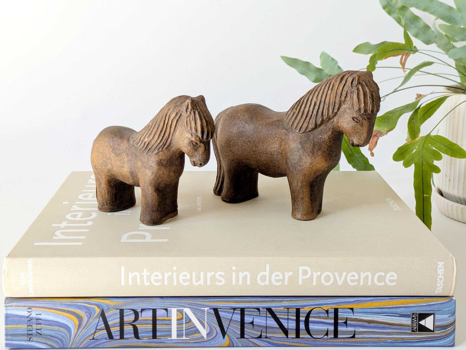 Pair Of Midcentury Stoneware Horse Figurines, Mare And Foal, Scandinavian Style, Rustic Farmhouse Decor