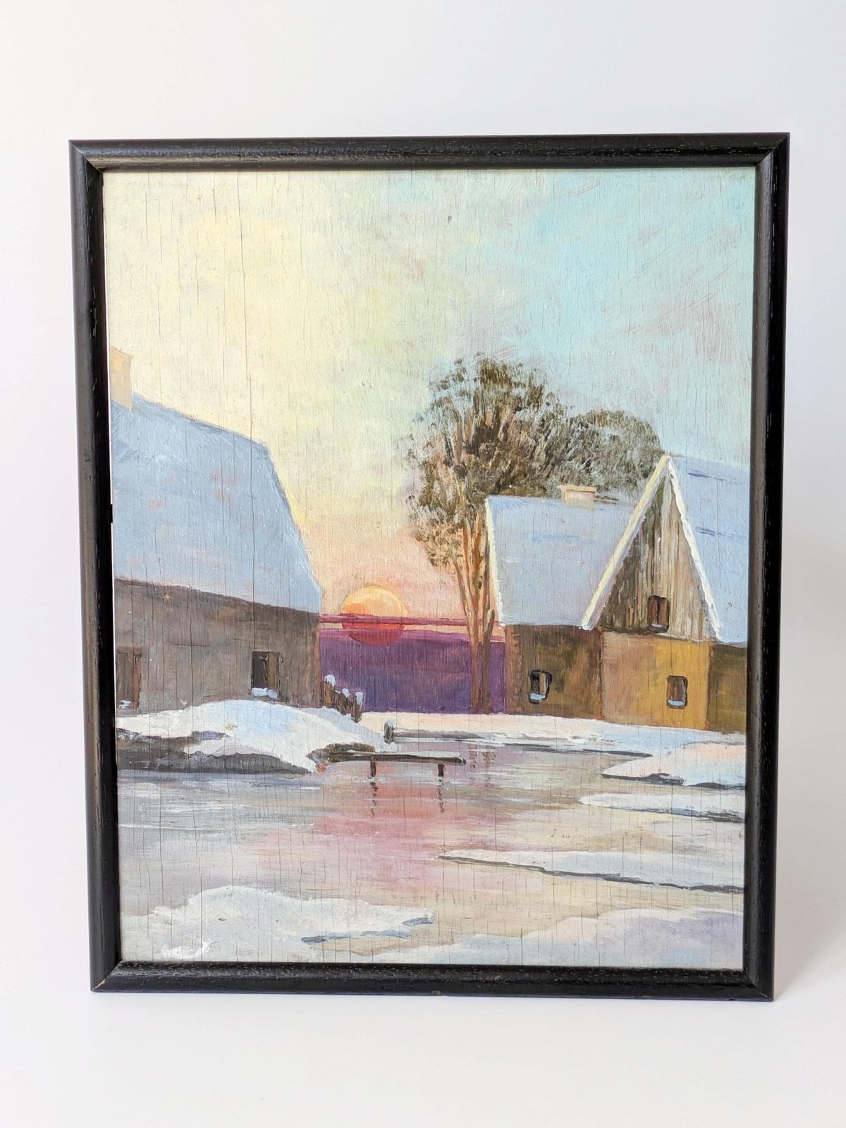Vintage Winter Landscape Oil Painting, Framed Countryside Scene, Rustic Farmhouse Wall Art, Holiday Decor photo for sale