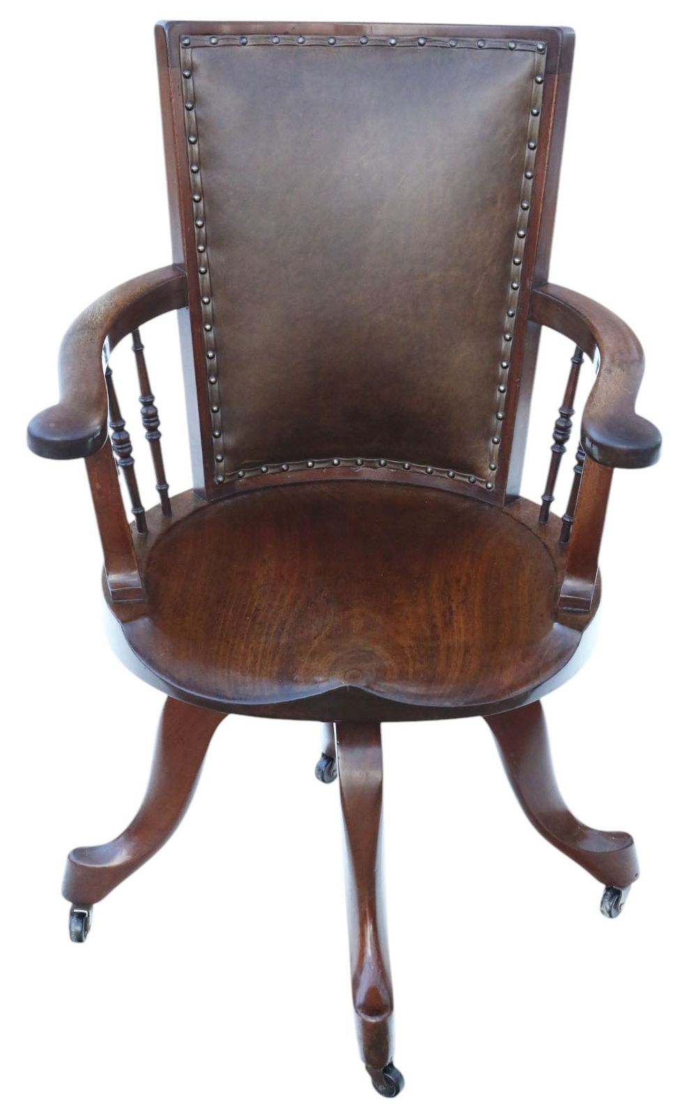 Antique C.1900 Mahogany And Leather Swivel Captain’s Chair – Quality Desk Chair photo furniture
