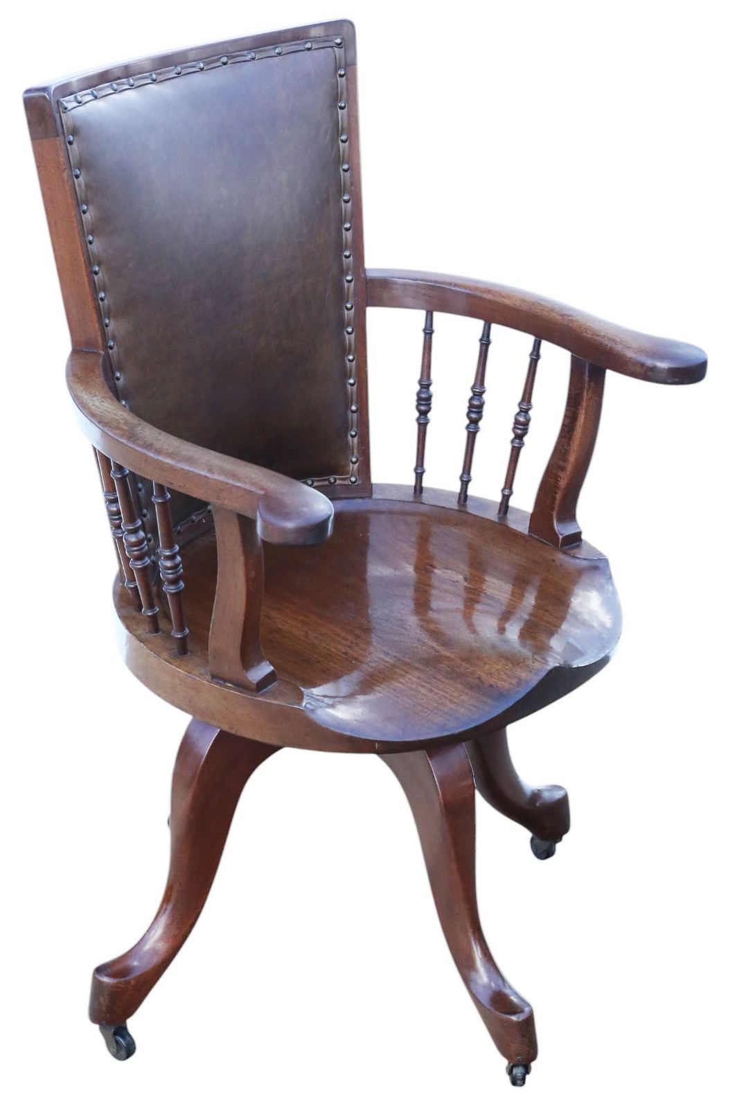 Antique C.1900 Mahogany And Leather Swivel Captain’s Chair – Quality Desk Chair photo Furniture