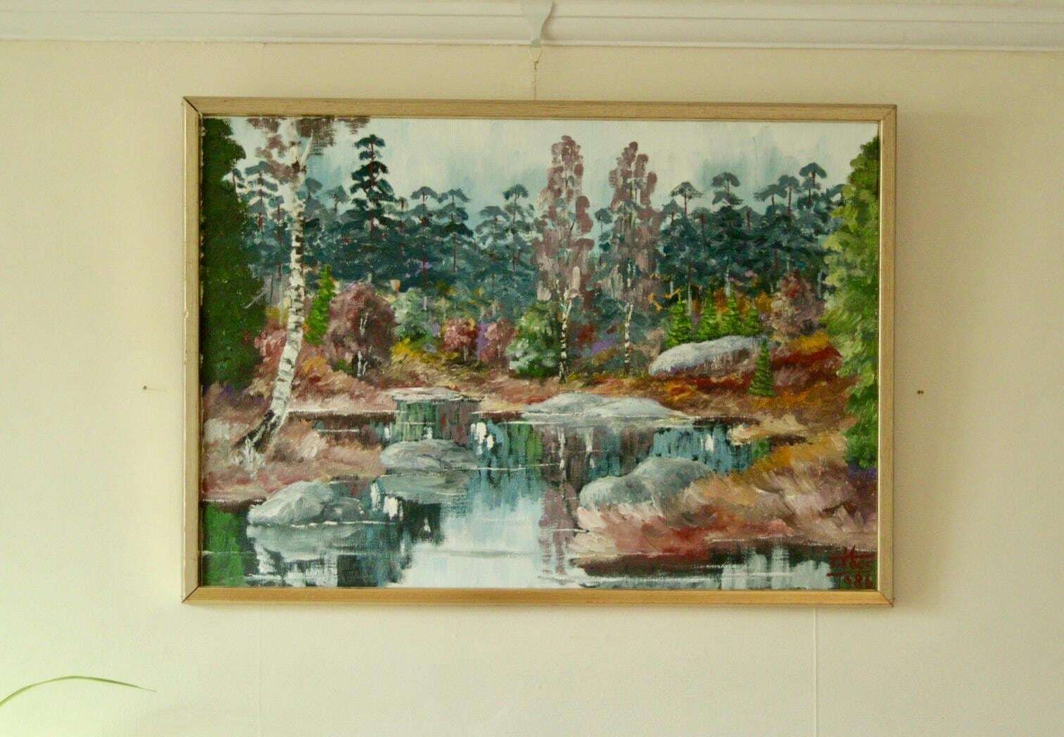 Original Swedish Mid Century Oil On Canvas – Autumn Lake View By T Koos –Vintage & Framed | 69 X 49 Cm(27x19 In)