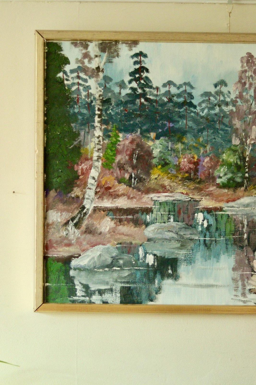 Original Swedish Mid Century Oil On Canvas – Autumn Lake View By T Koos –Vintage & Framed | 69 X 49 Cm(27x19 In) photo for sale