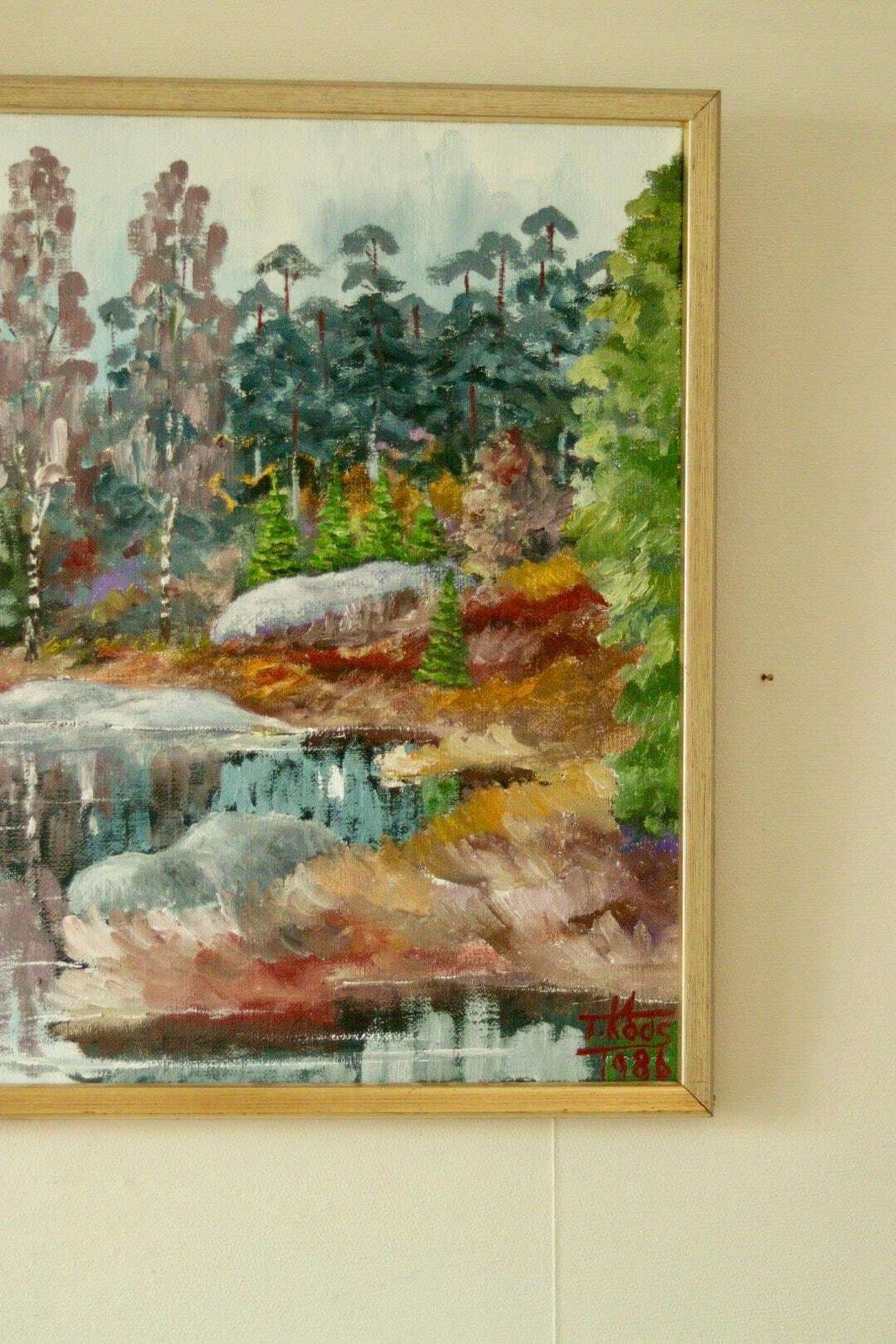 Original Swedish Mid Century Oil On Canvas – Autumn Lake View By T Koos –Vintage & Framed | 69 X 49 Cm(27x19 In) photo 295.0