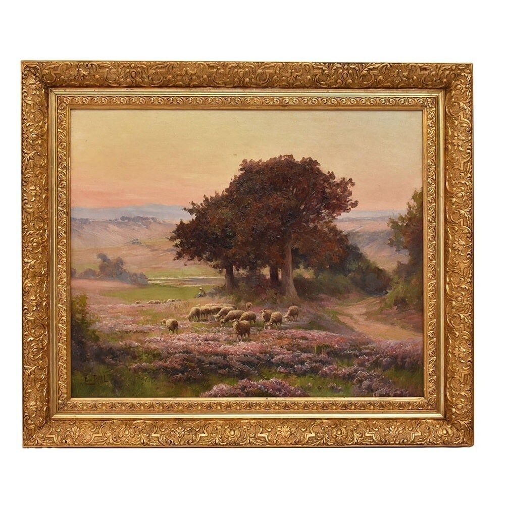 Antique Oil Painting, Landscape With French Moorland And Flock, XIX Century