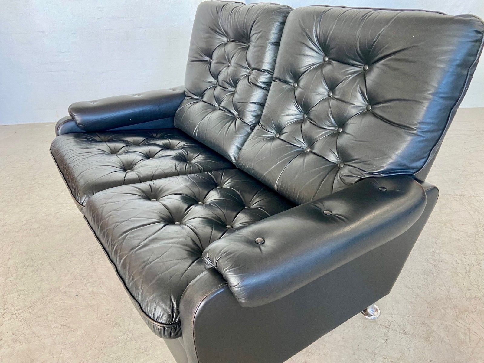 Furniture Vintage Retro Danish  2 Person Black Buttoned Leather Sofa 1970,S photo