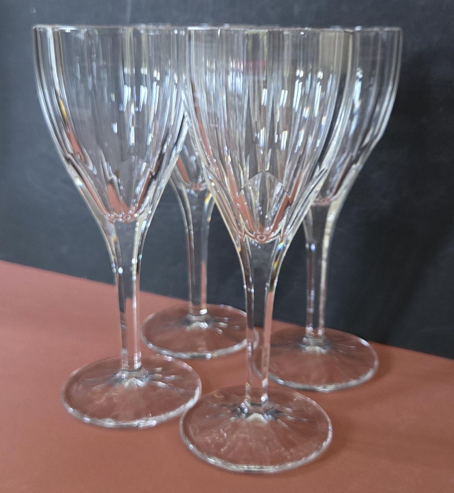 A Set Of 4 Vintage Stuart Crystal Large 8 Inch Wine Or Water Goblets In Ashbury Pattern, 1980s photo 102.0