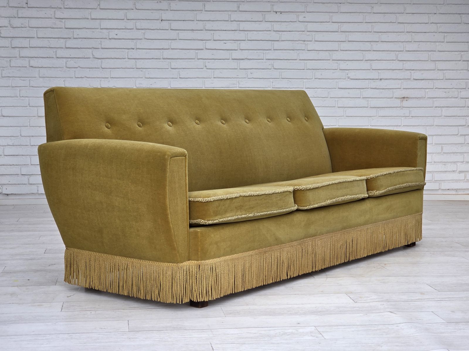 1970s, Danish 3 Seater Sofa, Original Light Green Furniture Velour. photo furniture