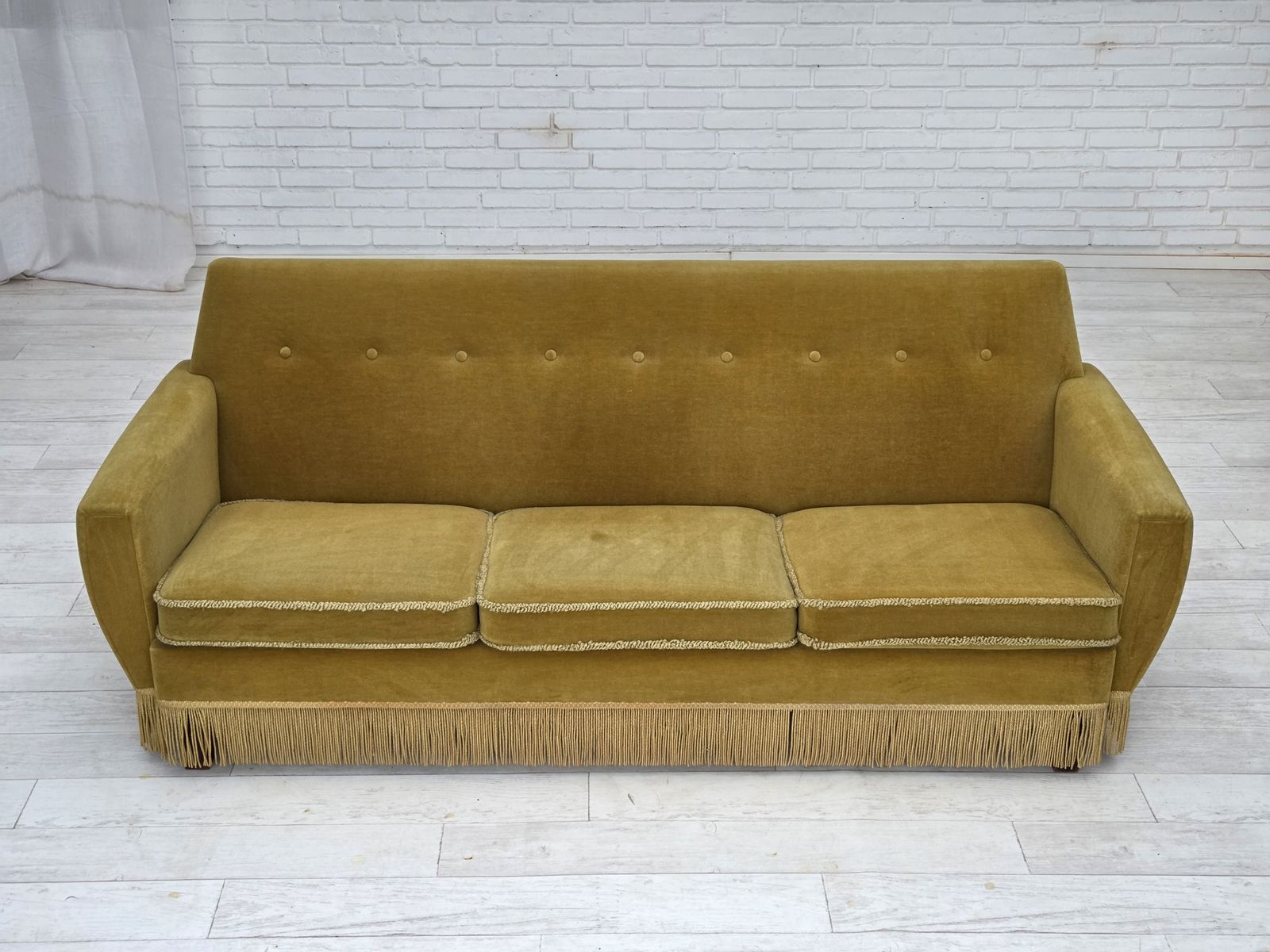 1970s, Danish 3 Seater Sofa, Original Light Green Furniture Velour. photo buy