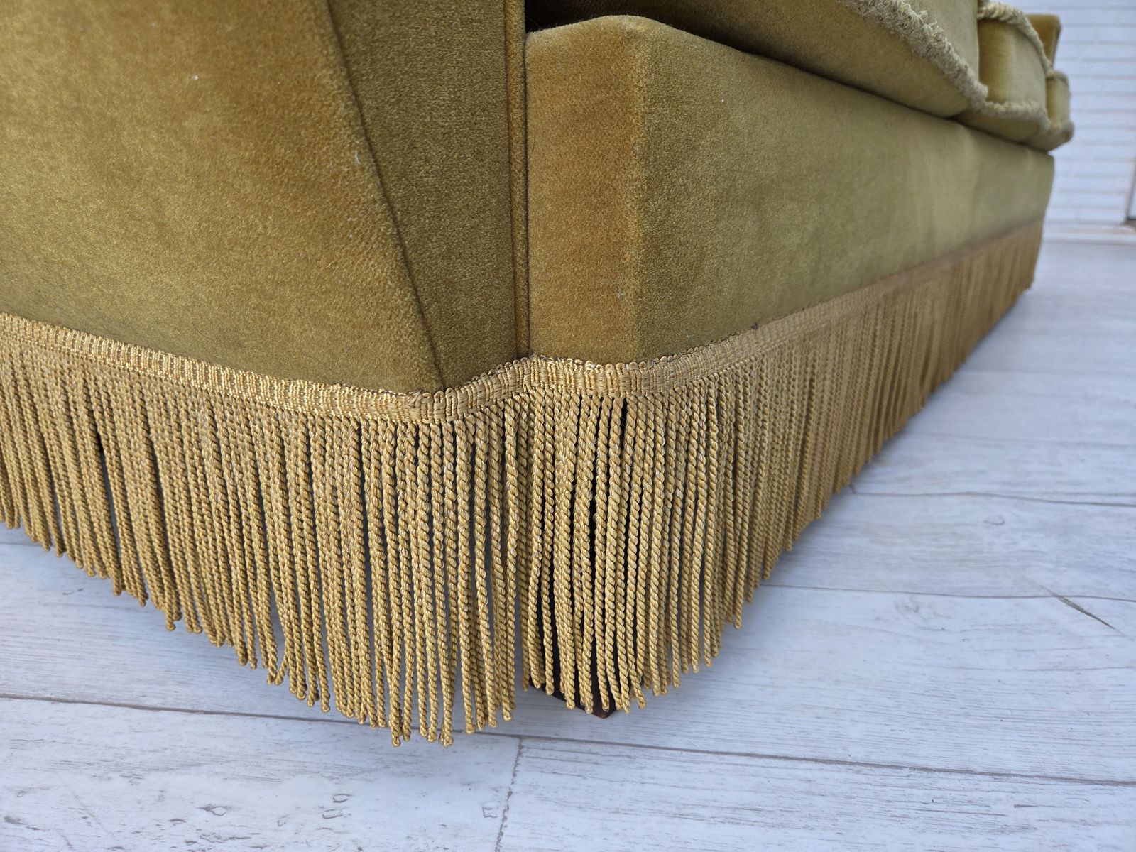 1970s, Danish 3 Seater Sofa, Original Light Green Furniture Velour. photo vintage