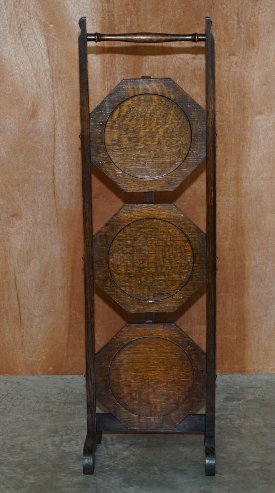 Circa 1900 English Oak Folding Whatnot Display Table Cake Stand Lovely Patina photo for sale