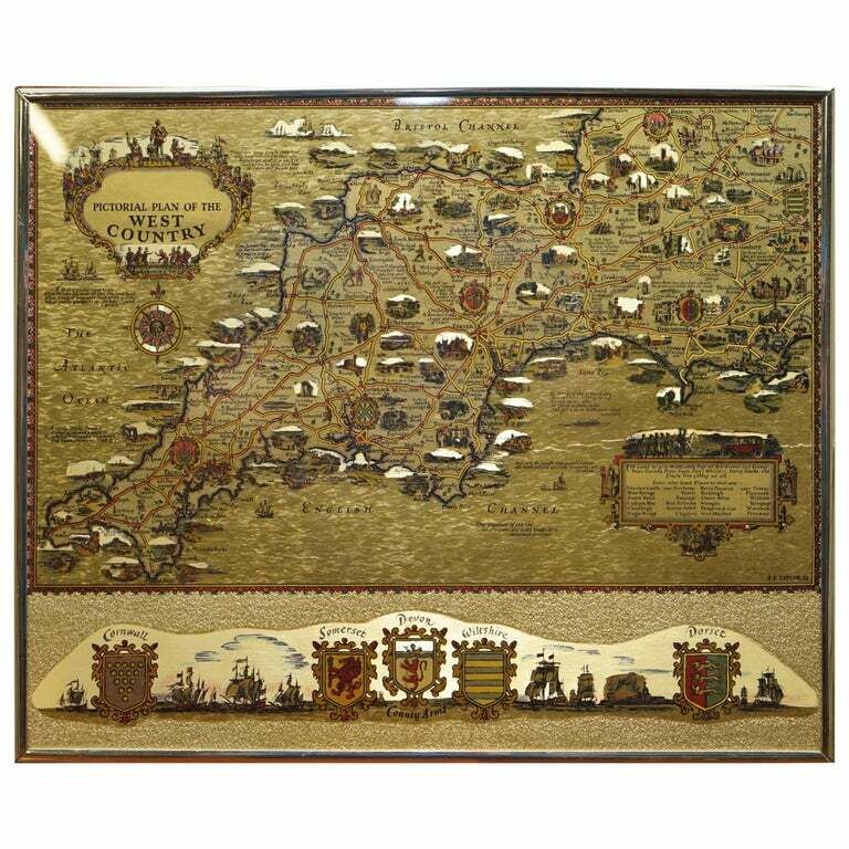 Gold Leaf Foil Pictorial Plan Map Of The West Country Of England Antique Style