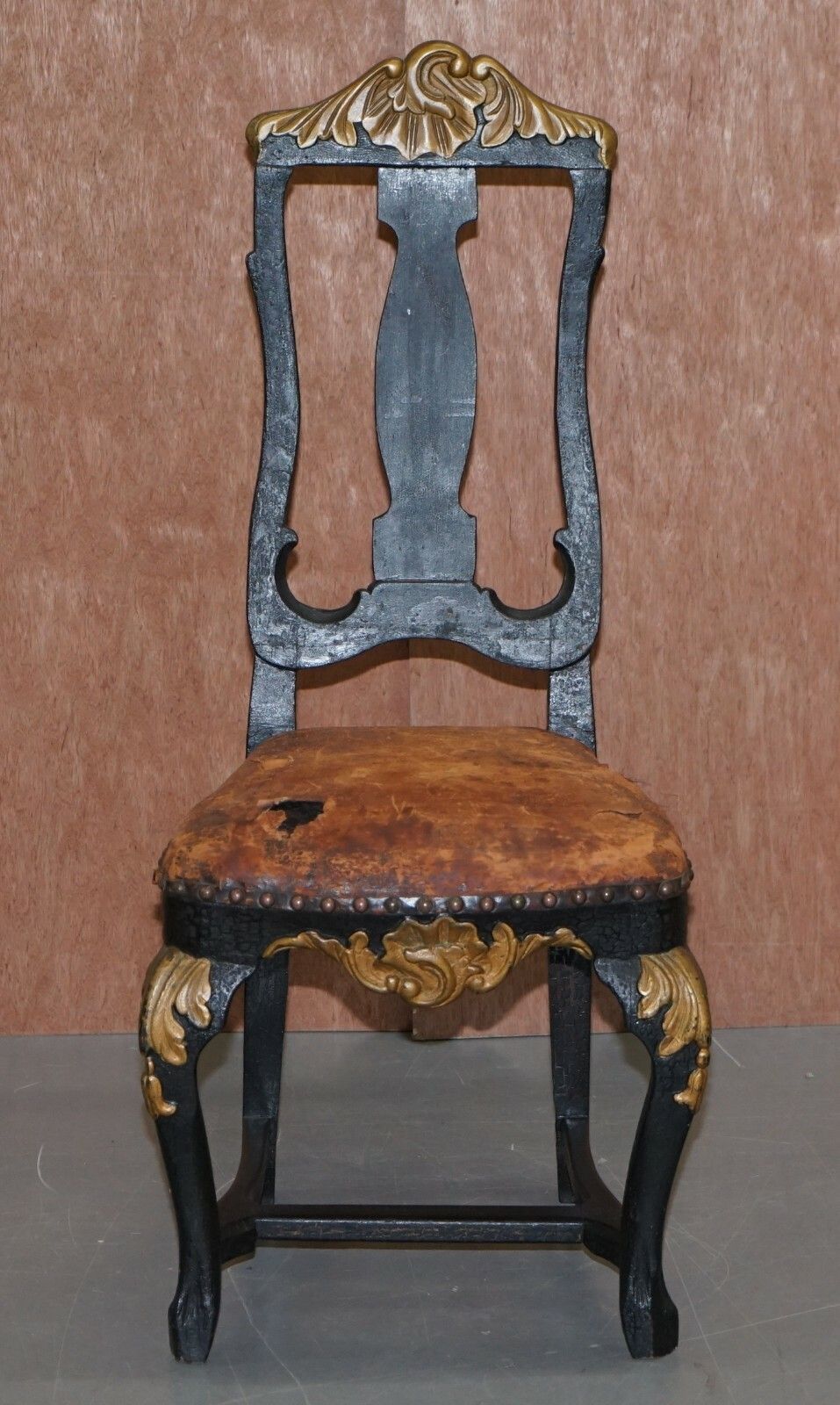 Old Spanish Throne Occasional High Back Chair Period Distressed Paint & Leather photo furniture