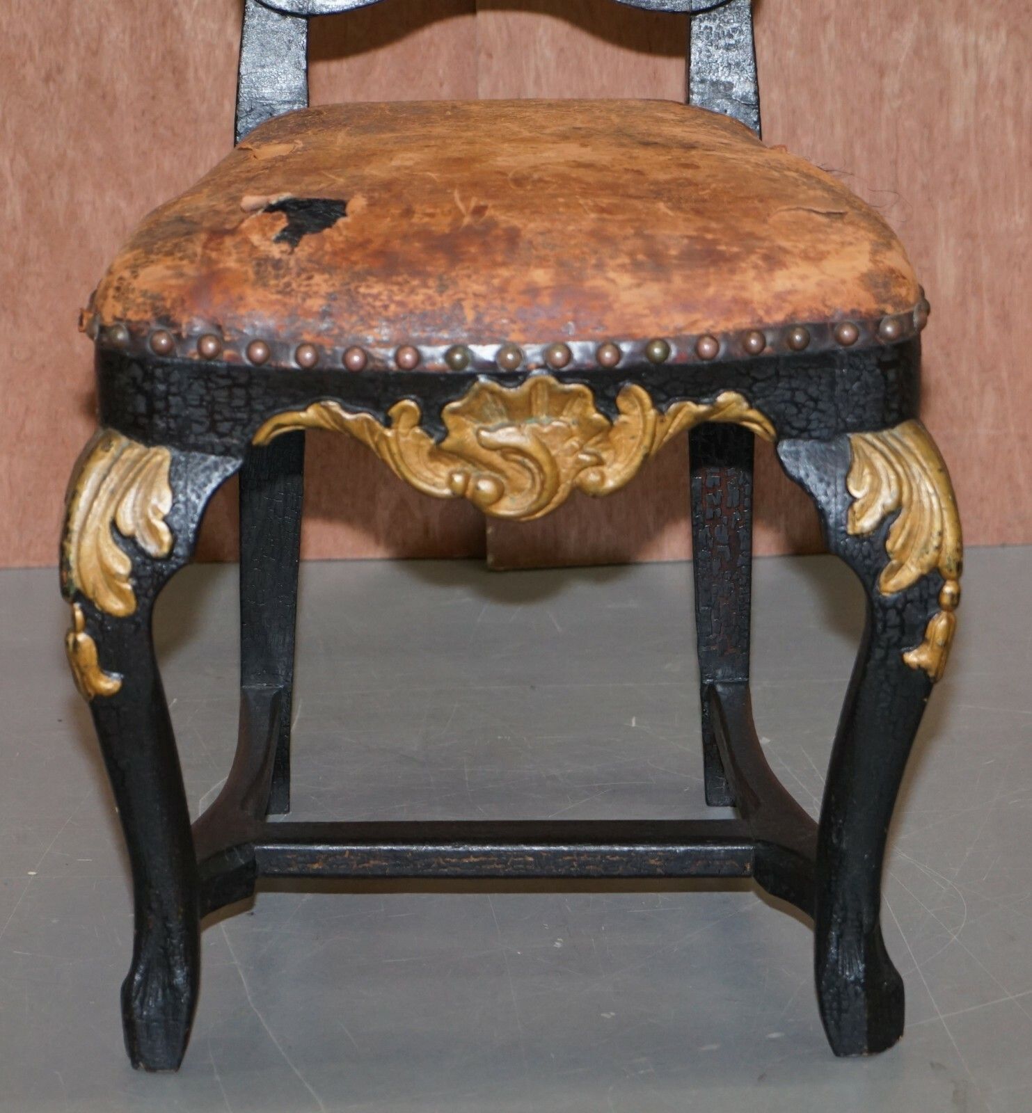 Old Spanish Throne Occasional High Back Chair Period Distressed Paint & Leather photo buy