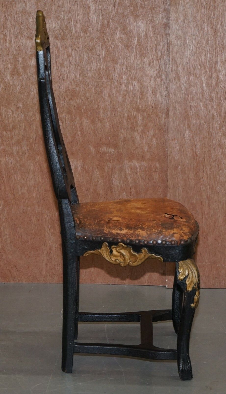 Old Spanish Throne Occasional High Back Chair Period Distressed Paint & Leather photo vintage