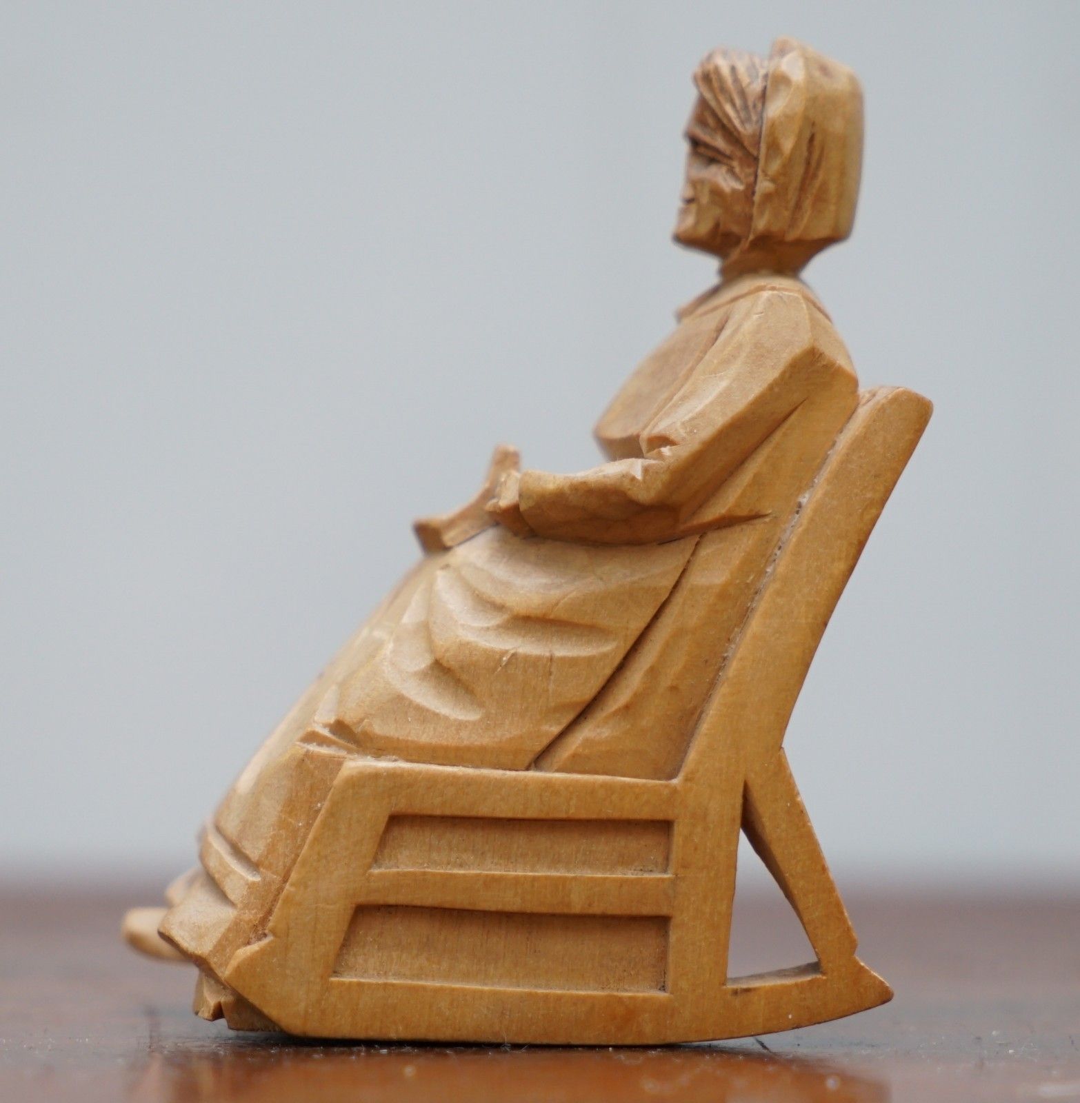 Pair Of 1938 Andre Bourgault Miniatur Carved Wood Statues Couple Rocking Chairs photo Art
