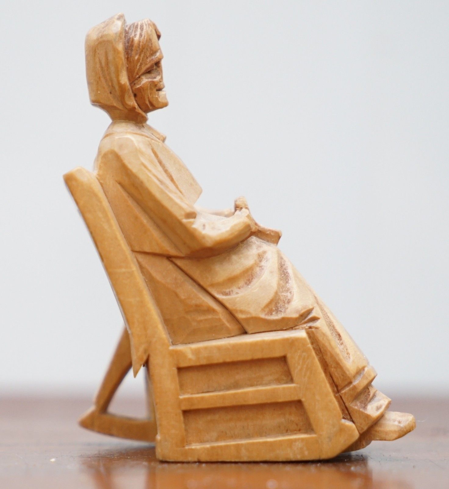 Pair Of 1938 Andre Bourgault Miniatur Carved Wood Statues Couple Rocking Chairs photo vinterior