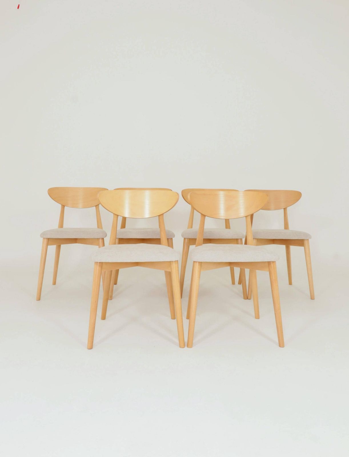 Modern Set Of 6 Dining Chairs, Ecru Farbic And Natural Beech Wood