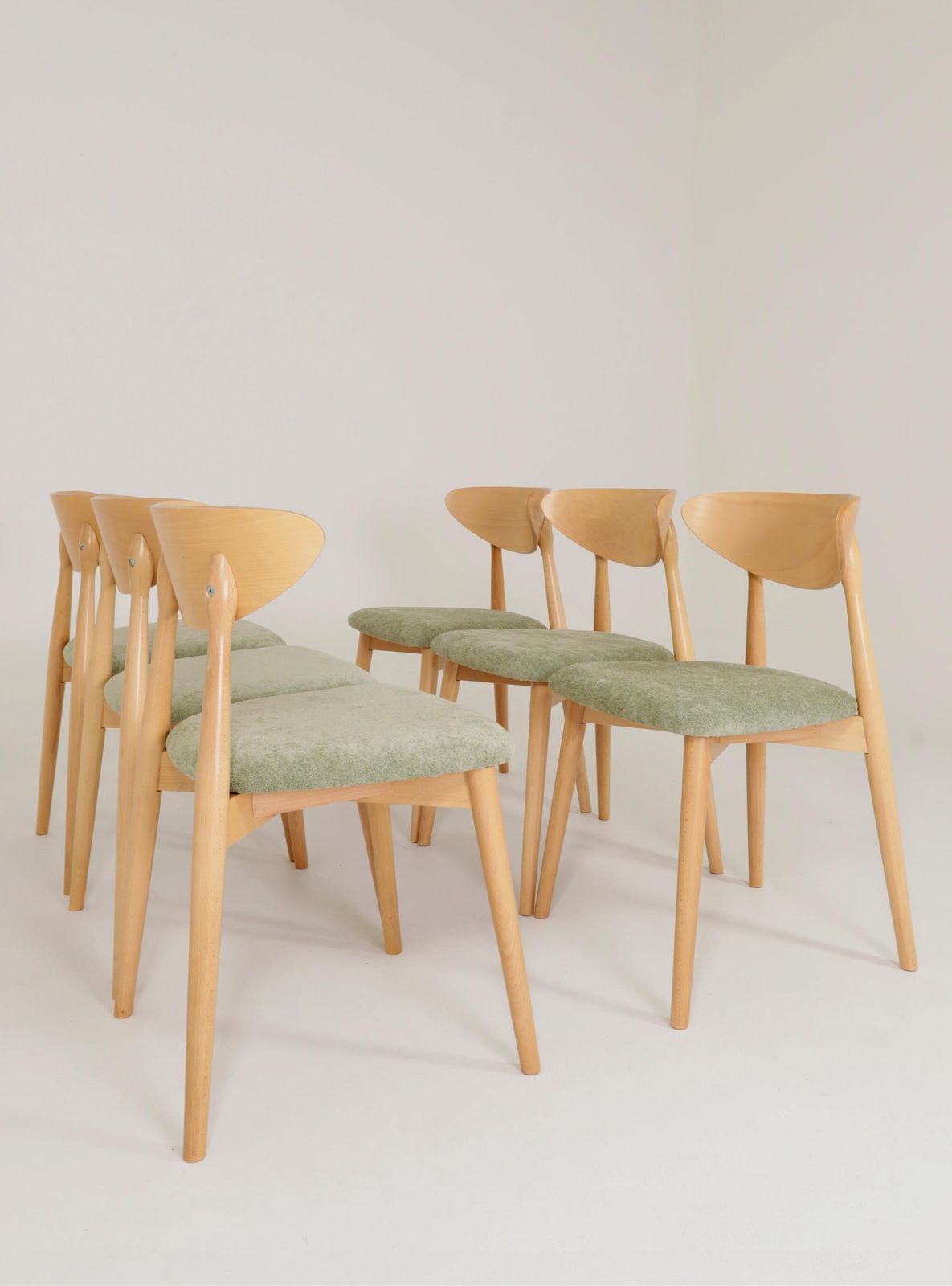Modern Set Of 6 Dining Chairs, Sage Farbic And Natural Beech Wood photo for sale