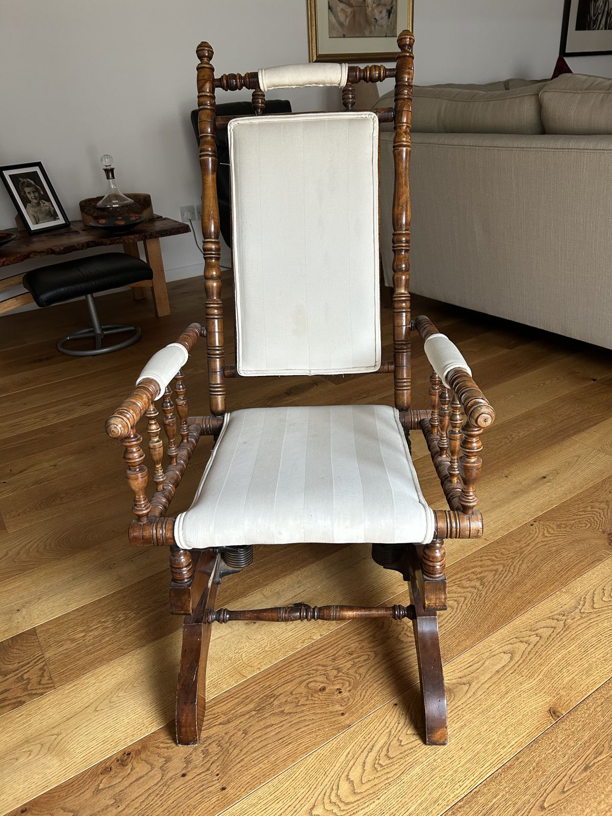 American Sprung Rocking Chair Turned Spindle Wood Frame photo for sale