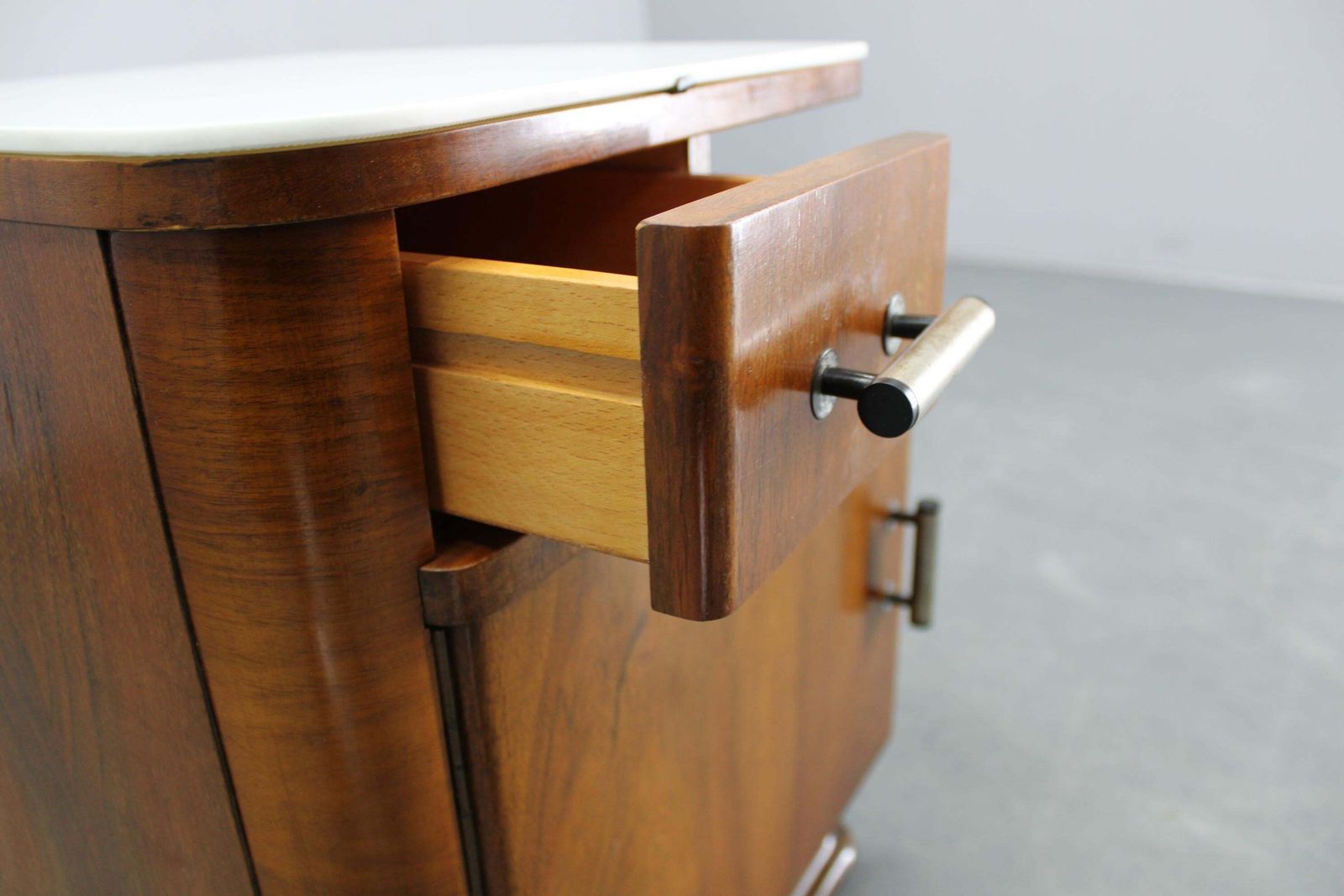 1940s Night Stand In Walnut Finish With Glass Top, Czechoslovakia photo vinterior
