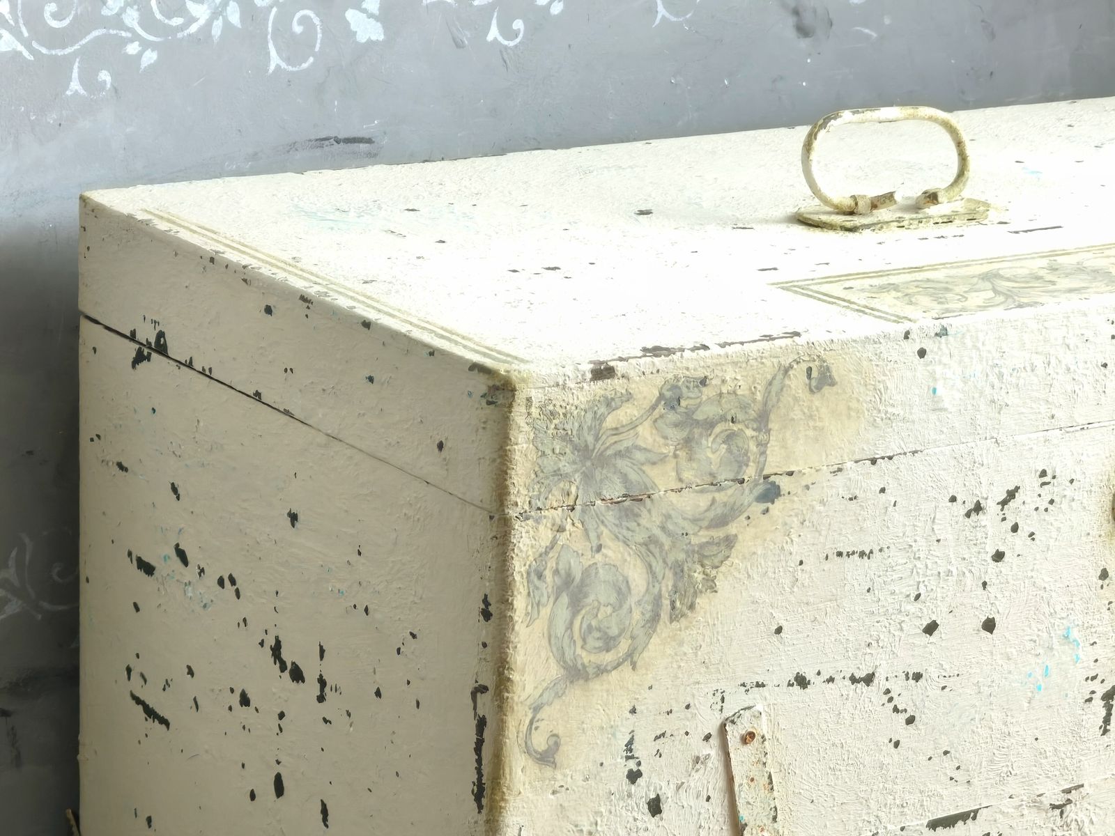 Antique Creamy Wooden Trunk Chest, Distressed Furniture photo for sale