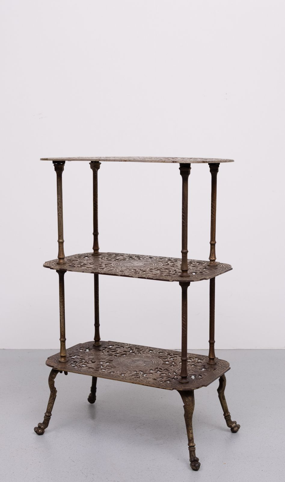 Antique Ornate Cast Iron French Brass 3 Tier Side Table. photo furniture
