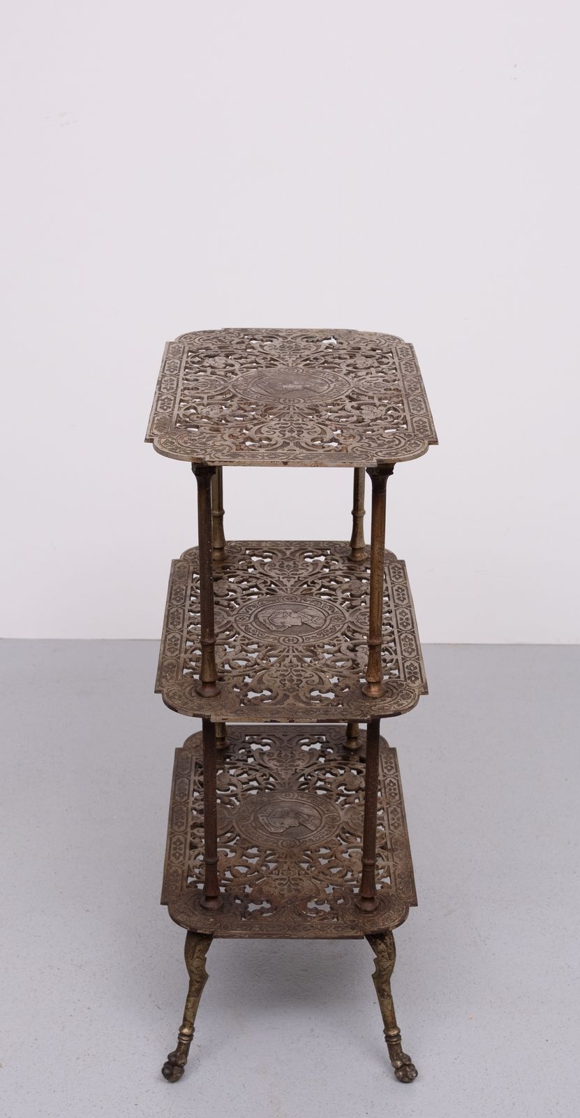 photo furniture Antique Ornate Cast Iron French Brass 3 Tier Side Table.