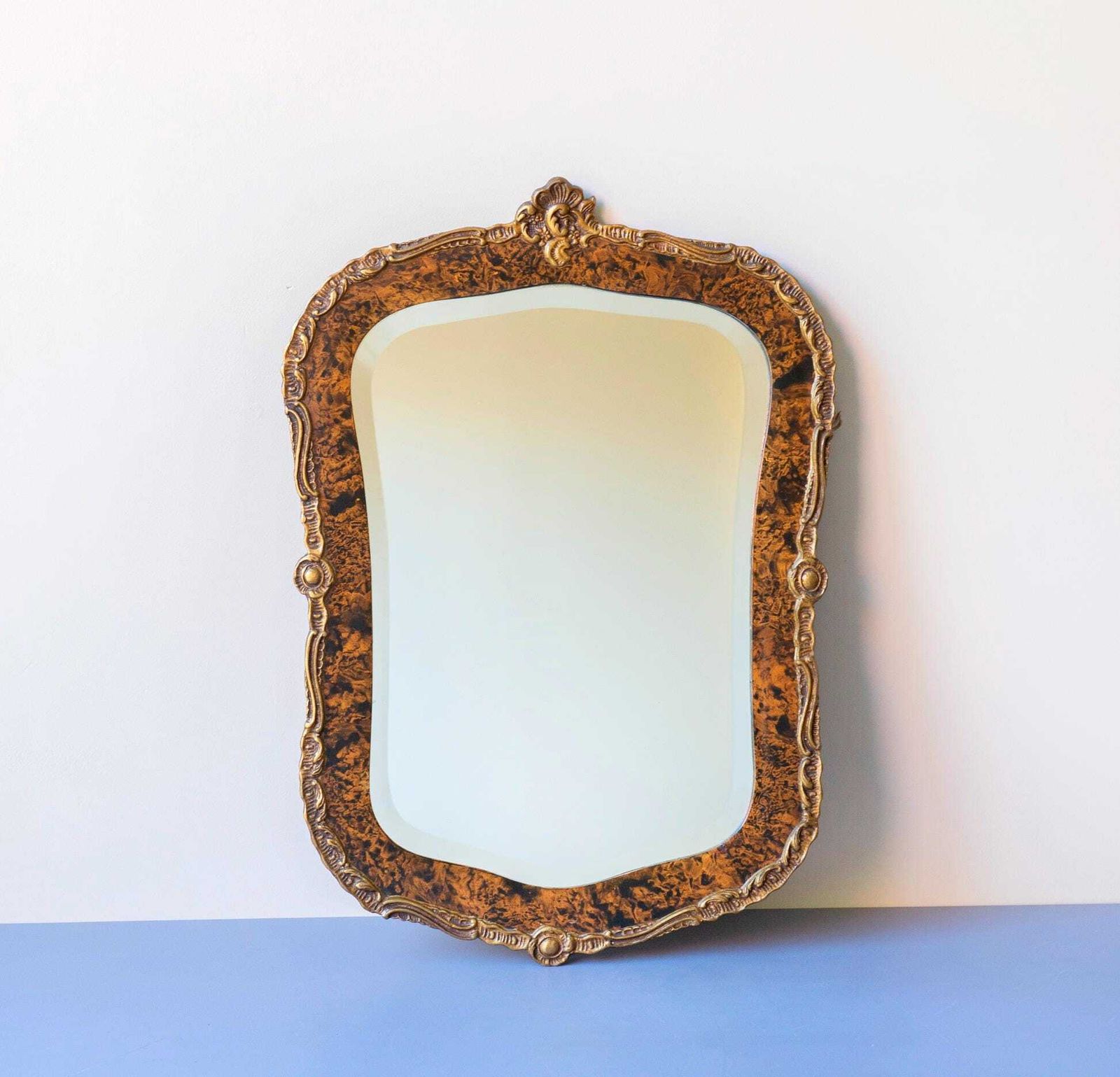 Antique Wall Mirror, Faux Tortoise Mirror, Art Nouveau Mantle Mirror, Ornate Wall Hanging, Old Decorative Mantle Mirror photo furniture