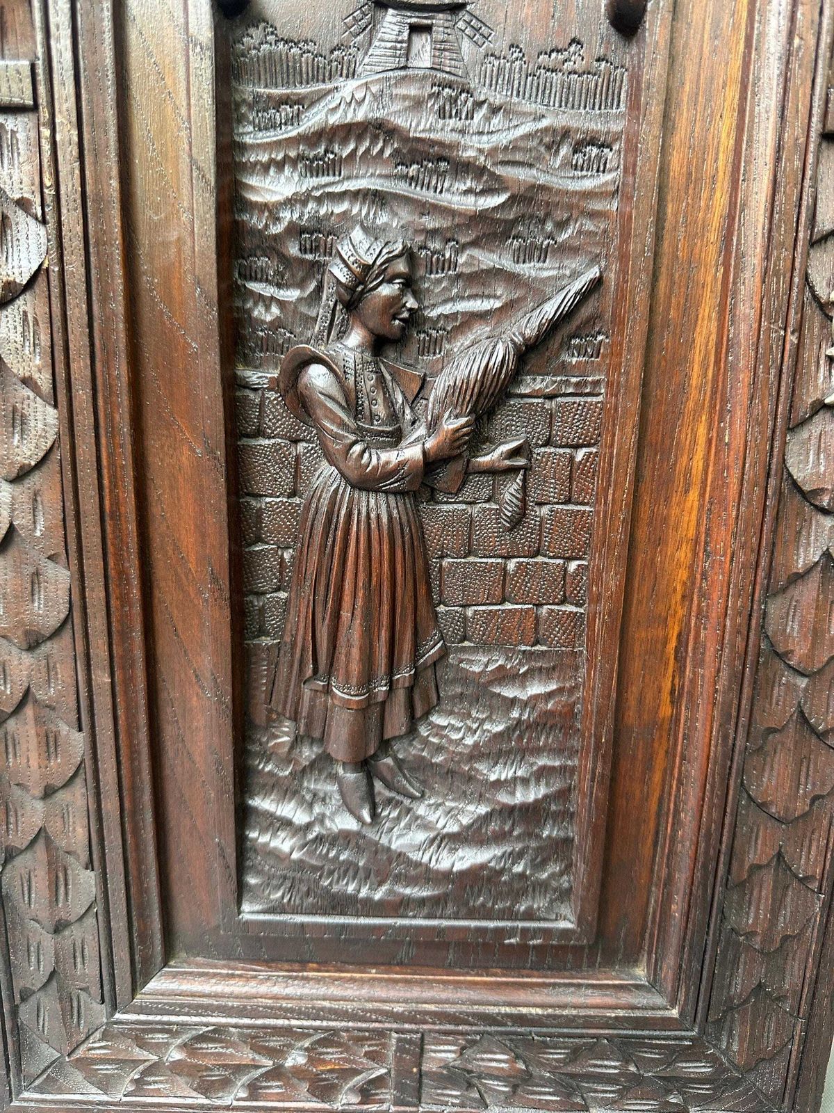 French Breton Carved Oak Door, Woman With Distaff, Late 19thc/Early 20thc, Upper Cabinet Antique Panel photo for sale