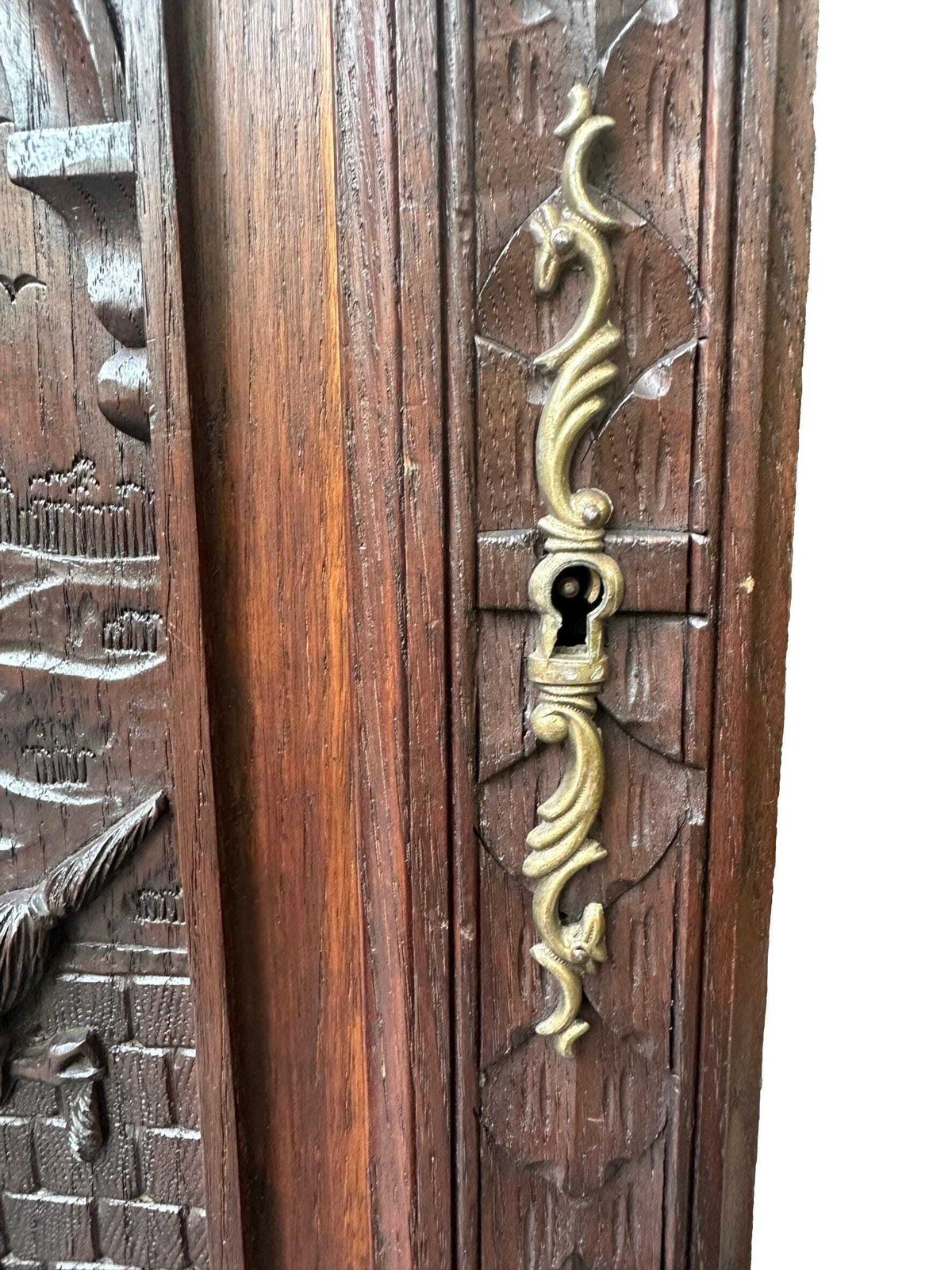 French Breton Carved Oak Door, Woman With Distaff, Late 19thc/Early 20thc, Upper Cabinet Antique Panel photo 360.0